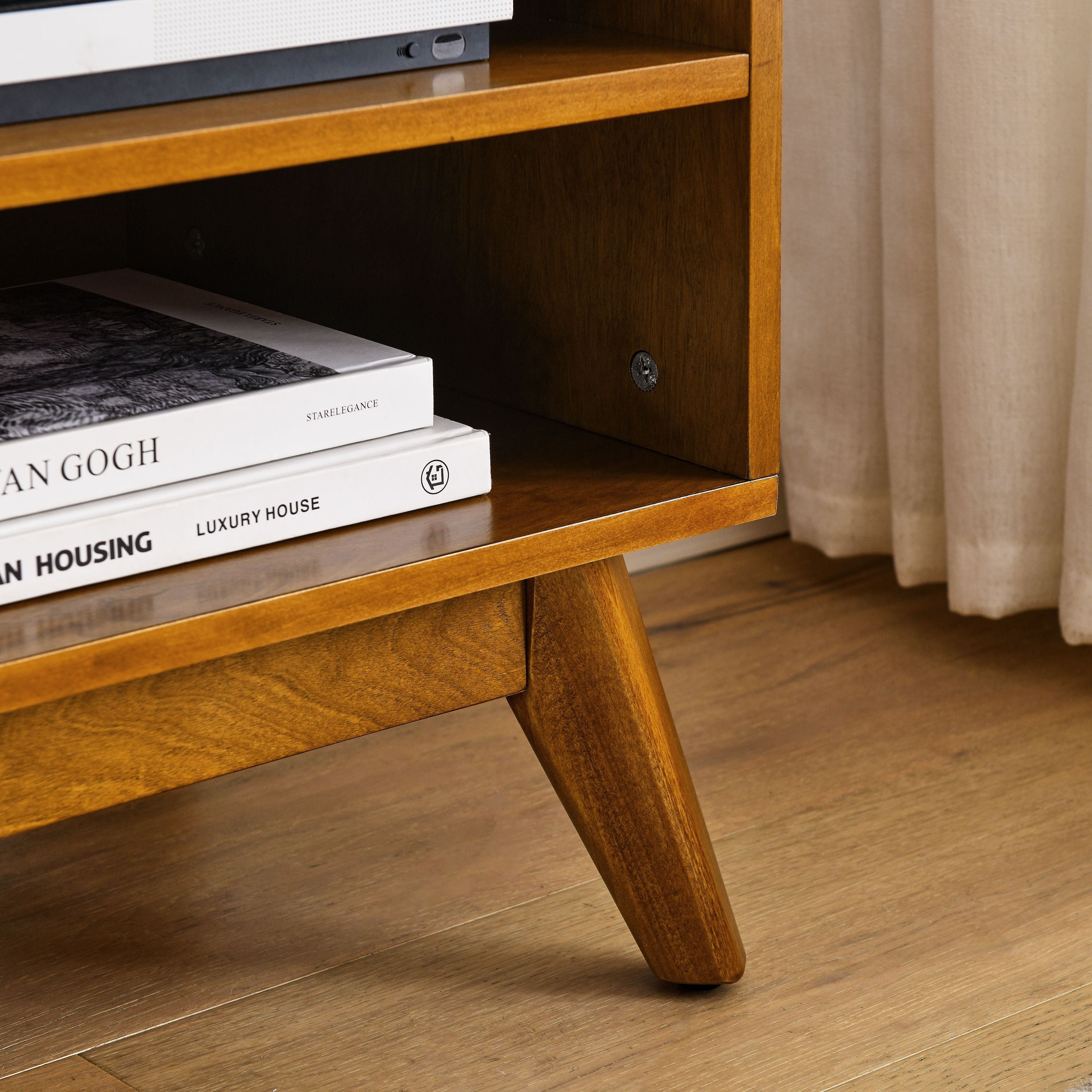 59 Inch Mid Century Modern Rattan TV Stand for 65 Inch TV, Entertainment Cabinet, Media Console for Living Room Media Room, Solid Wood Feet & Rattan Cabinet Doors - Light Wood - Grand Goldman Shop