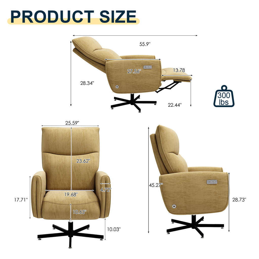 Power Swivel Recliner Chair, Electric Reclining with USB & Type-C Charging, 360° Swivel Velvet Upholstered Accent Chair, for 