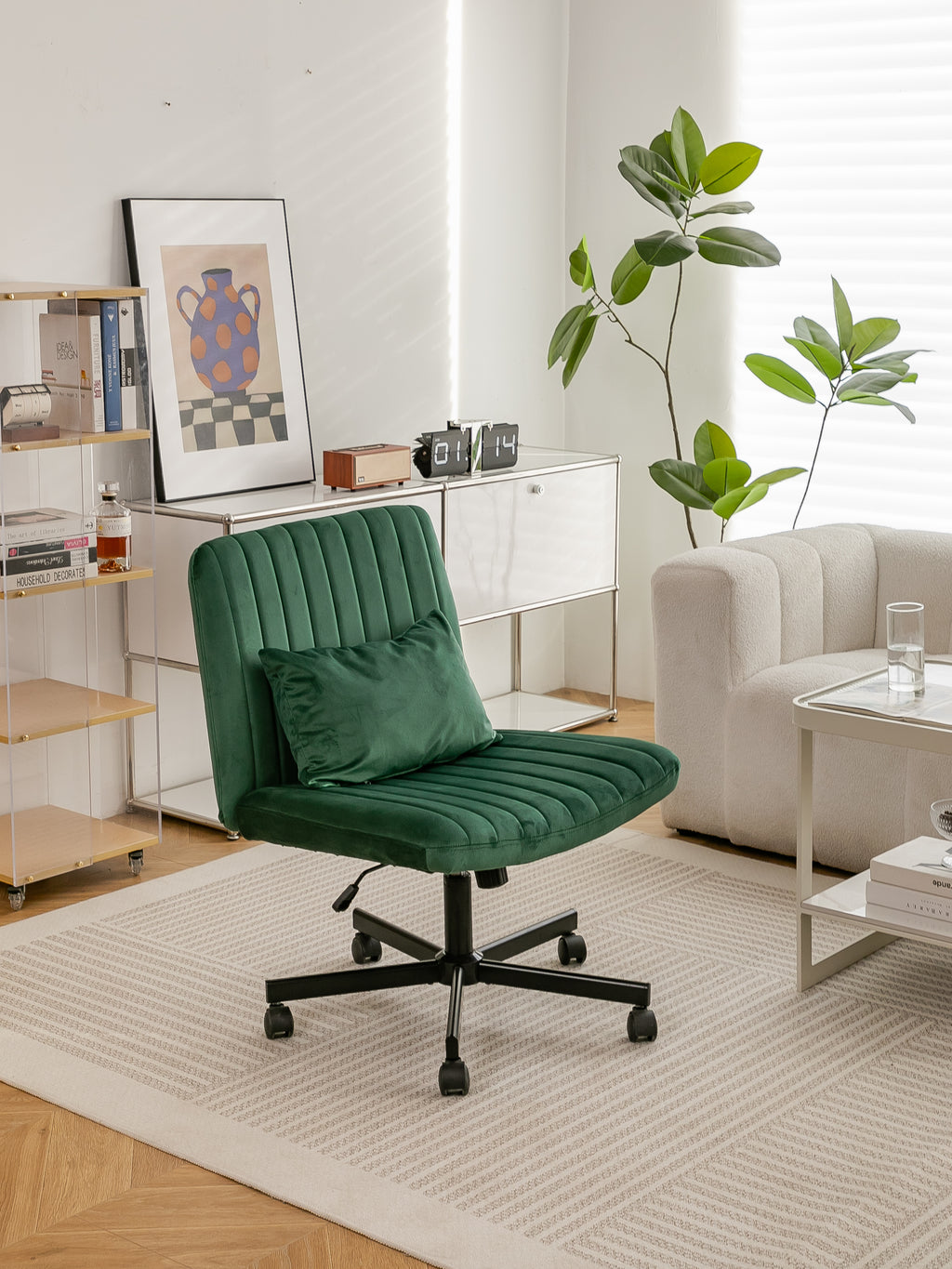 Green Velvet Criss Cross Armless Office Chair with Wheels - Comfortable & Stylish for Home Office, Meditation, and Makeup Use