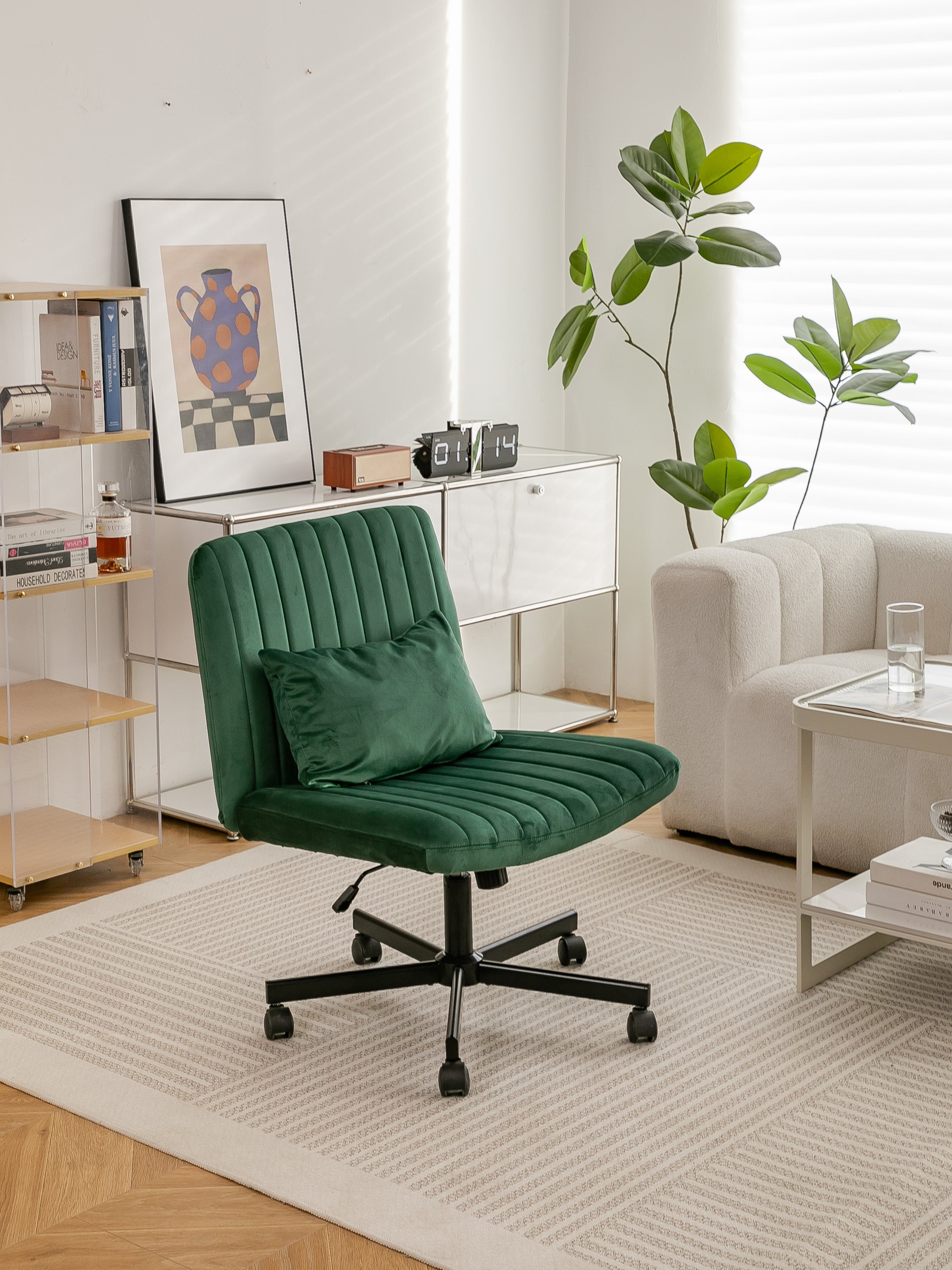 Green Velvet Criss Cross Armless Office Chair with Wheels - Comfortable & Stylish for Home Office, Meditation, and Makeup Use
