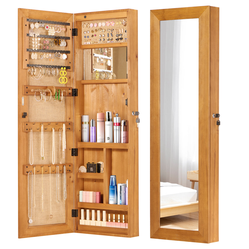 Solid Wood Jewelry Armoire Organizer Cabinet with Full-Length Mirror, Light Brown, 47.5x14.3 in Wall-Mounted Lockable with LED Light - Grand Goldman Shop