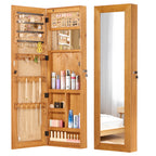 Solid Wood Jewelry Armoire Organizer Cabinet with Full-Length Mirror, Light Brown, 47.5x14.3 in Wall-Mounted Lockable with LED Light - Grand Goldman Shop