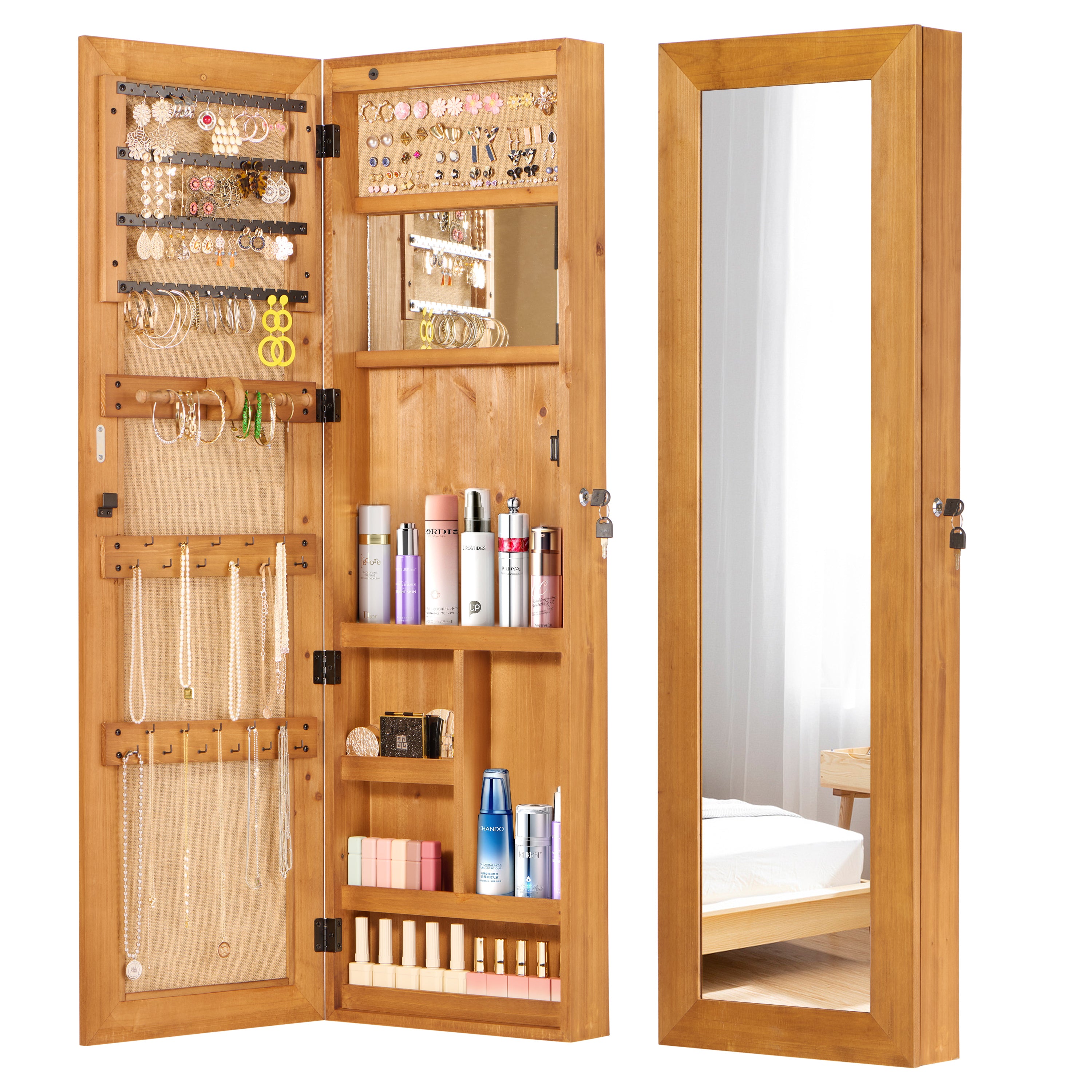 Solid Wood Jewelry Armoire Organizer Cabinet with Full-Length Mirror, Light Brown, 47.5x14.3 in Wall-Mounted Lockable with LED Light - Grand Goldman Shop