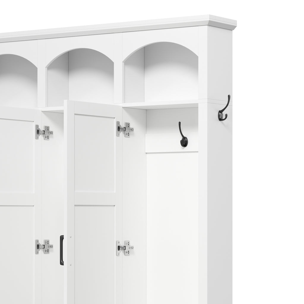 Classic Arched Design Hall Tree with 3 Hidden Storage, Farmhouse Mudroom with Walnut Bench, Mid-Century All-in-One Entryway Organizer with 5 Hooks for Hallway, White - Grand Goldman Shop