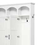 Classic Arched Design Hall Tree with 3 Hidden Storage, Farmhouse Mudroom with Walnut Bench, Mid-Century All-in-One Entryway Organizer with 5 Hooks for Hallway, White - Grand Goldman Shop