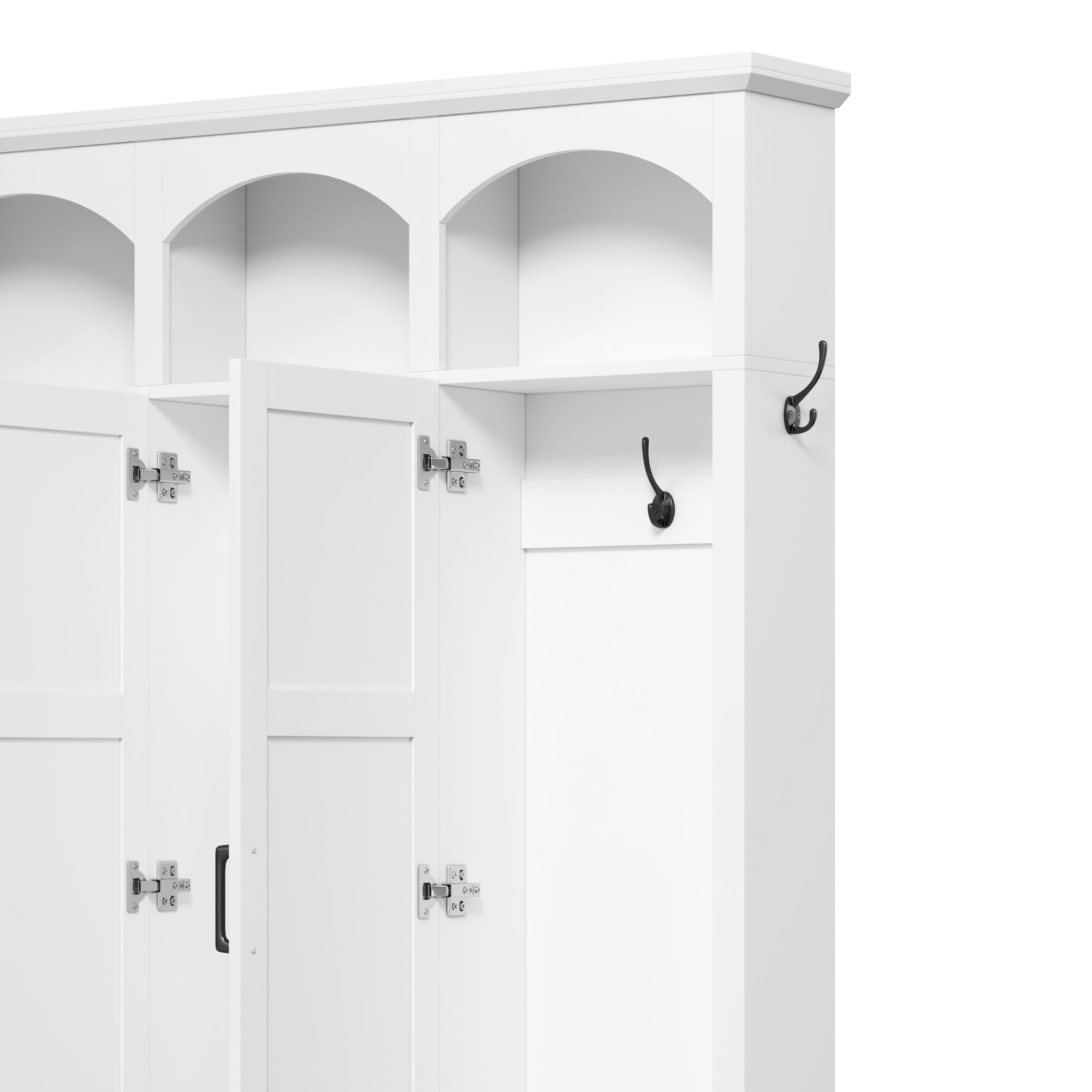 Classic Arched Design Hall Tree with 3 Hidden Storage, Farmhouse Mudroom with Walnut Bench, Mid-Century All-in-One Entryway Organizer with 5 Hooks for Hallway, White - Grand Goldman Shop