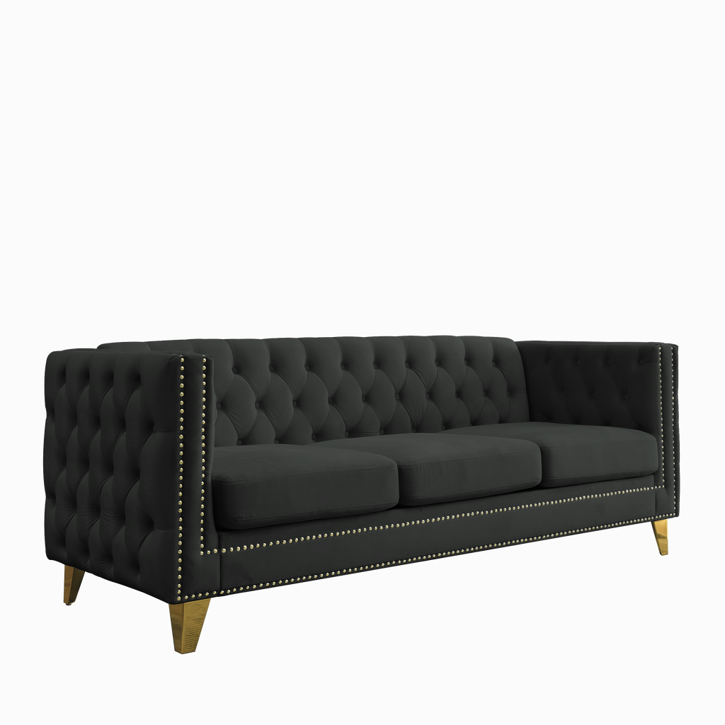 Modern Black Velvet Sofa with Button Tufting and Metal Legs, 3-Seater Couch for Living Room or Bedroom, Upholstered in Soft Velvet with Solid Wood Frame - Grand Goldman Shop
