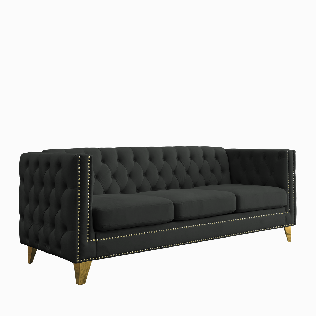Modern Black Velvet Sofa with Button Tufting and Metal Legs, 3-Seater Couch for Living Room or Bedroom, Upholstered in Soft Velvet with Solid Wood Frame - Grand Goldman Shop