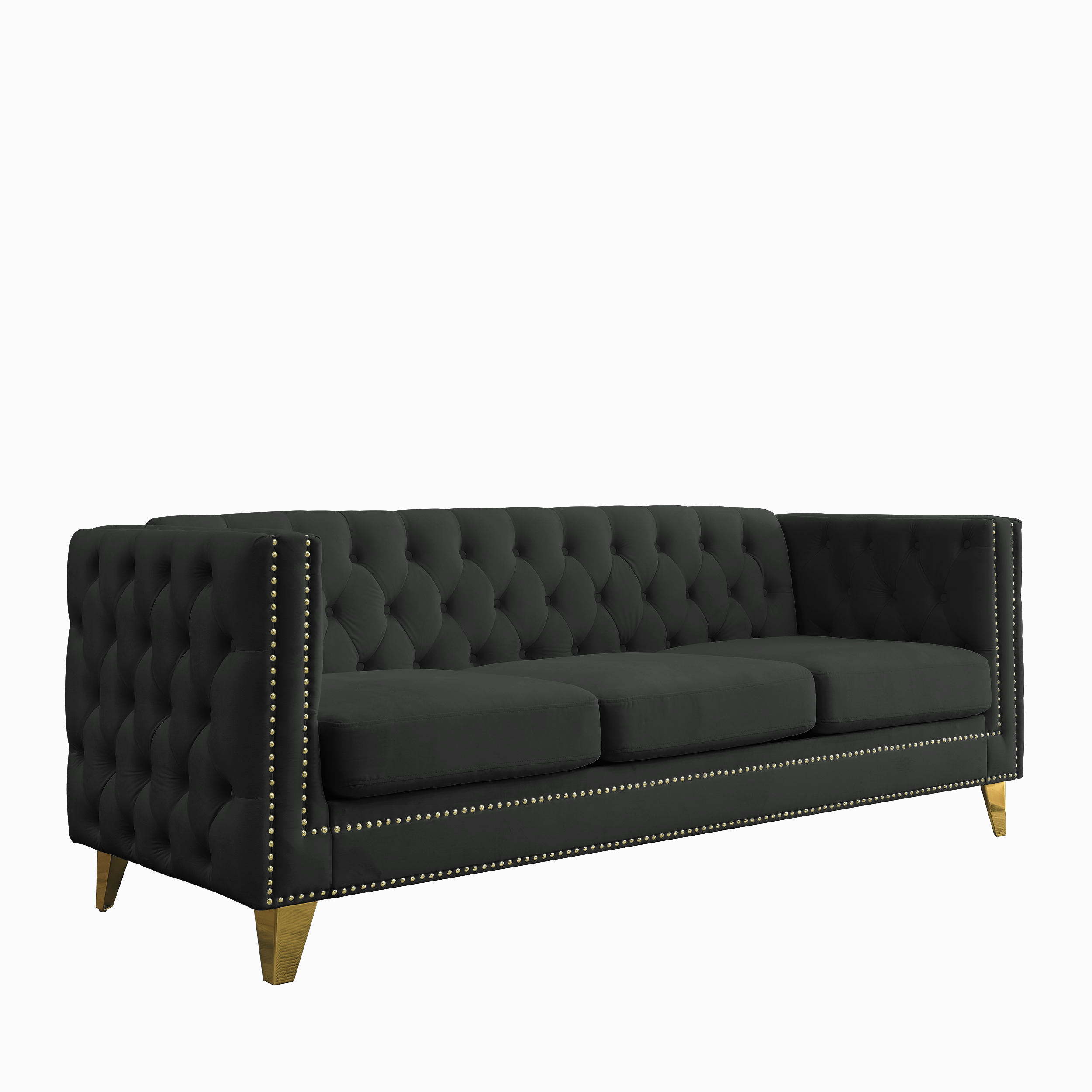 Modern Black Velvet Sofa with Button Tufting and Metal Legs, 3-Seater Couch for Living Room or Bedroom, Upholstered in Soft Velvet with Solid Wood Frame - Grand Goldman Shop