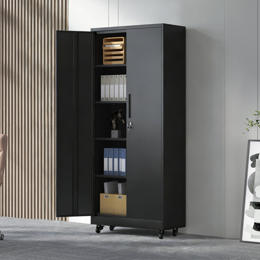 Heavy Duty Rolling Metal Cabinet with Lock, 71 inch Garage Storage Cabinet, 4 Adjustable Shelves (180lb Each), Black, for Too