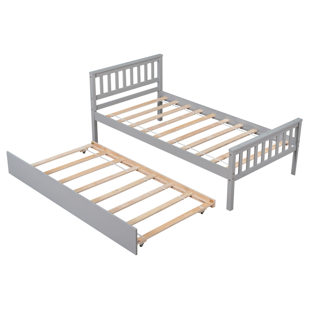 Twin Bed with Trundle, Platform Bed Frame with Headboard and Footboard, for Bedroom Small Living Space,No Box Spring Needed,Grey - Grand Goldman Shop