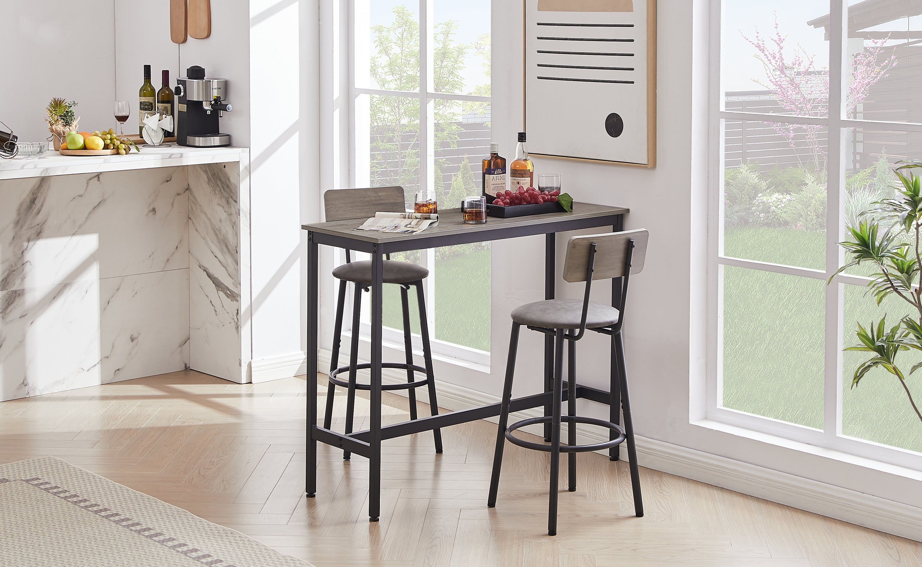 Bar Table Set with 2 Bar stools PU Soft seat with backrest, Grey, 43.31'' L x 15.75'' W x 35.43'' H. - Grand Goldman Shop