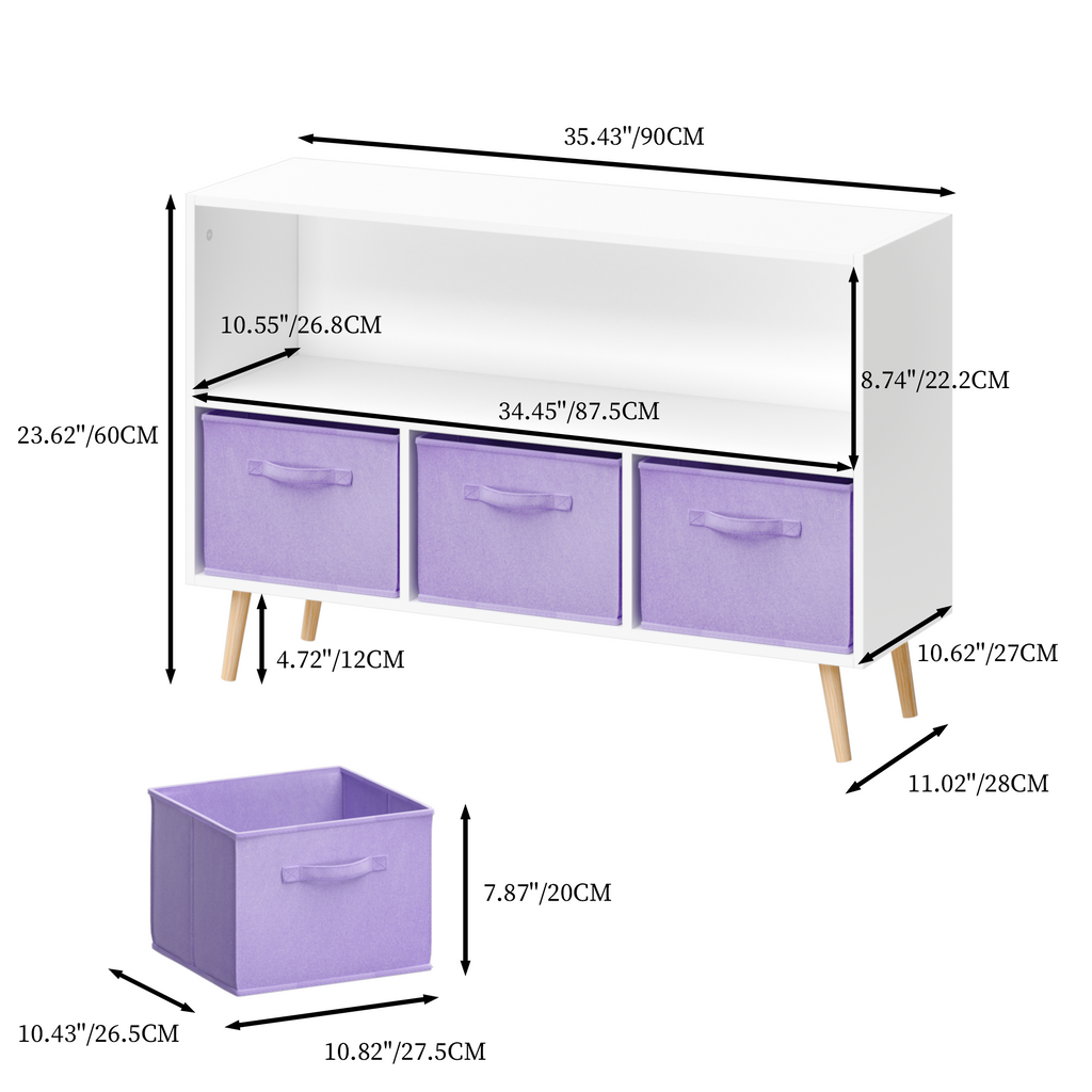 Kids Bookcase with Collapsible Fabric Drawers, Children's Book Display Organizer in White and Purple, MDF with Pine Legs - Gr