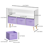 Kids Bookcase with Collapsible Fabric Drawers, Children's Book Display Organizer in White and Purple, MDF with Pine Legs - Gr