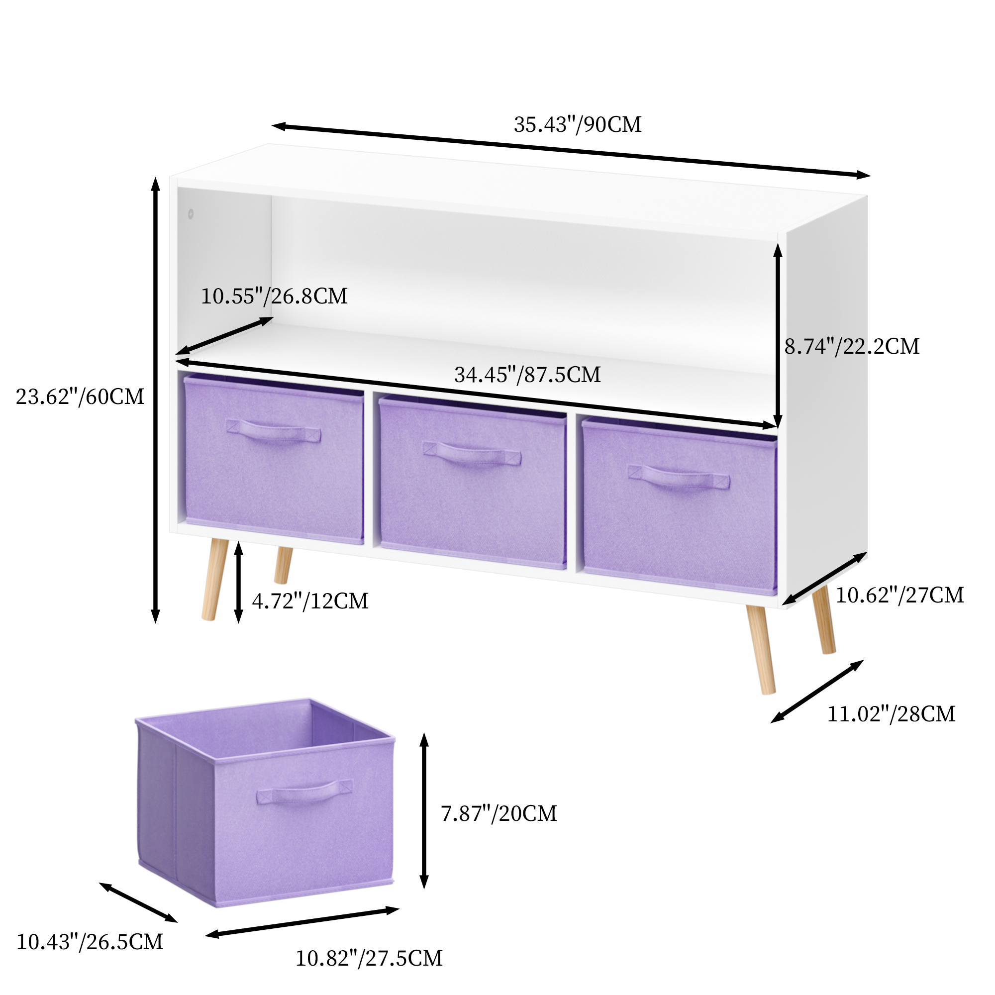 Kids Bookcase with Collapsible Fabric Drawers, Children's Book Display Organizer in White and Purple, MDF with Pine Legs - Gr