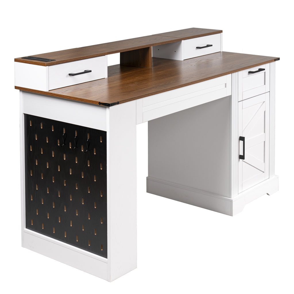 White Farmhouse Office Desk with Storage Cabinet, Charging Station, Monitor Stand & Pegboard, 55' Computer Writing Desk with 