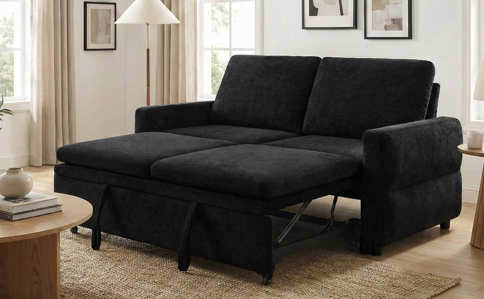 Black Convertible Sofa Bed Loveseat with Adjustable Backrest and USB Ports, 62.75' Chenille Upholstered Couch for Living Room or Small Space - Grand Goldman Shop