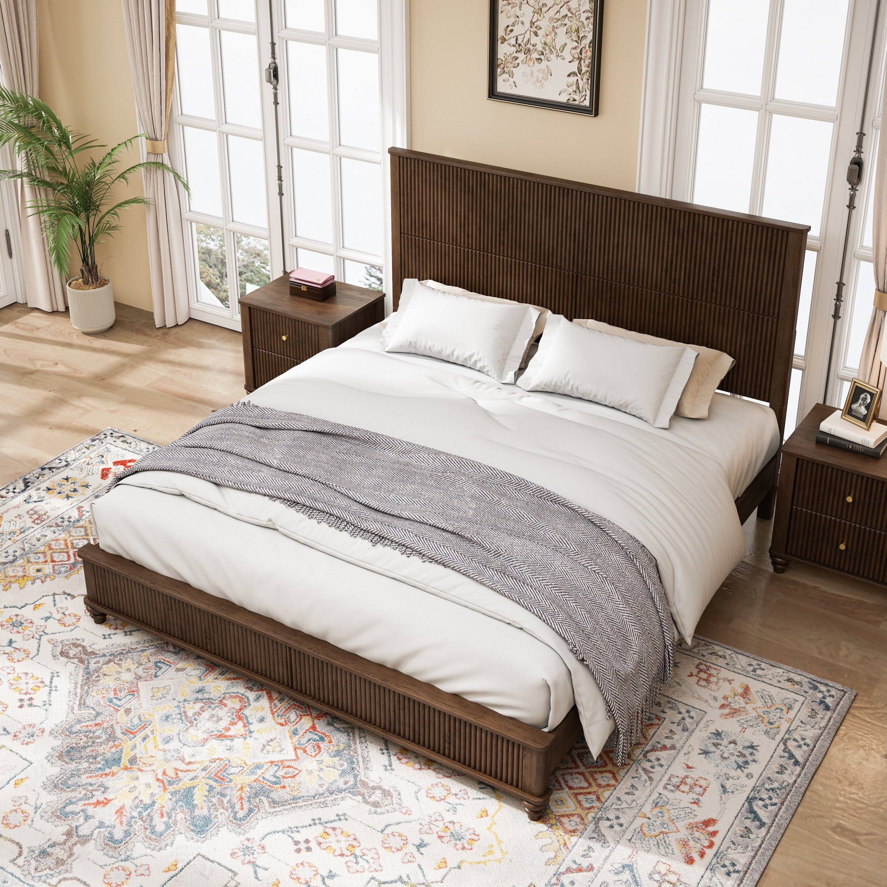 3-Piece Bedroom Set with King Bed and 2 Nightstands, Walnut Brown - Grand Goldman Shop