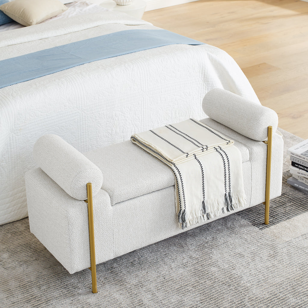 Elegant Upholstered Linen Storage Bench with Cylindrical Arms and Iron Legs, White - Grand Goldman Shop
