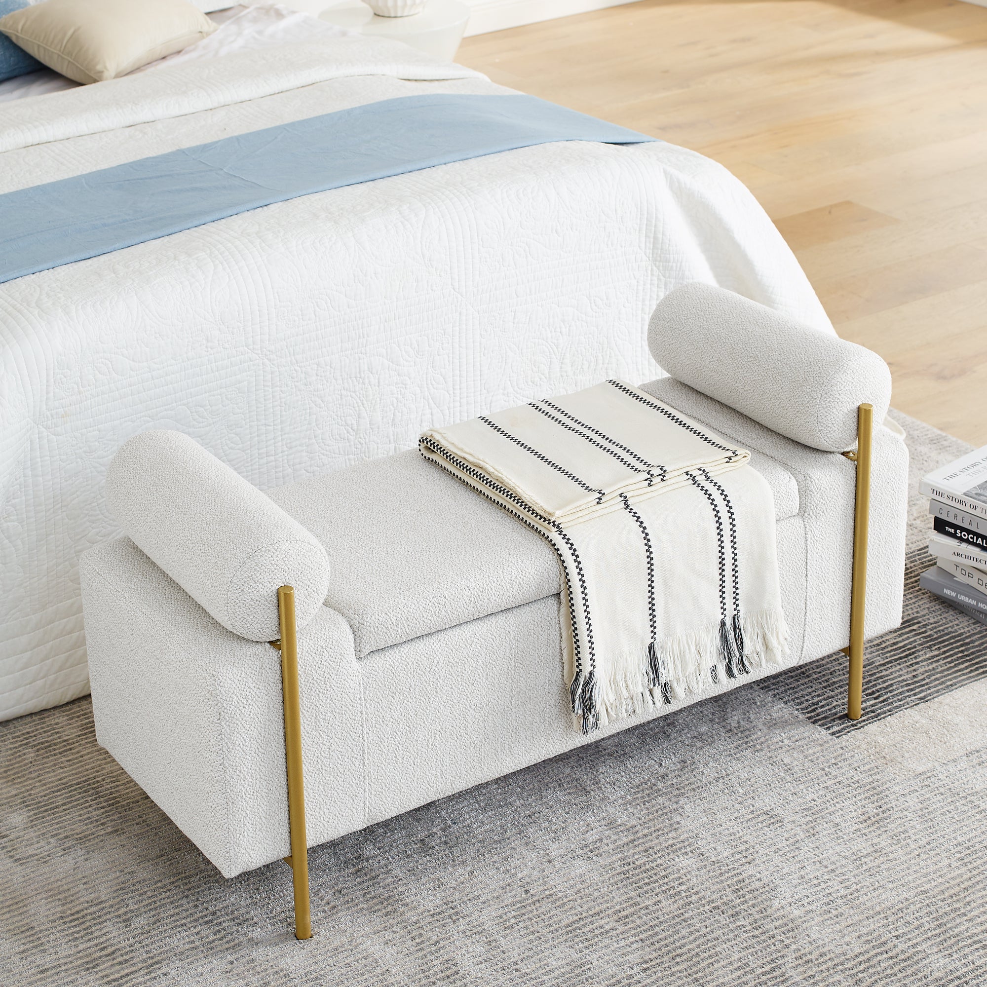 Elegant Upholstered Linen Storage Bench with Cylindrical Arms and Iron Legs, White - Grand Goldman Shop