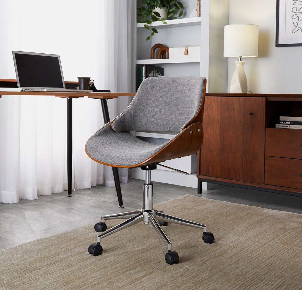 Contemporary Office Chair in Chrome Metal, Walnut Wood, and Grey Fabric - Grand Goldman