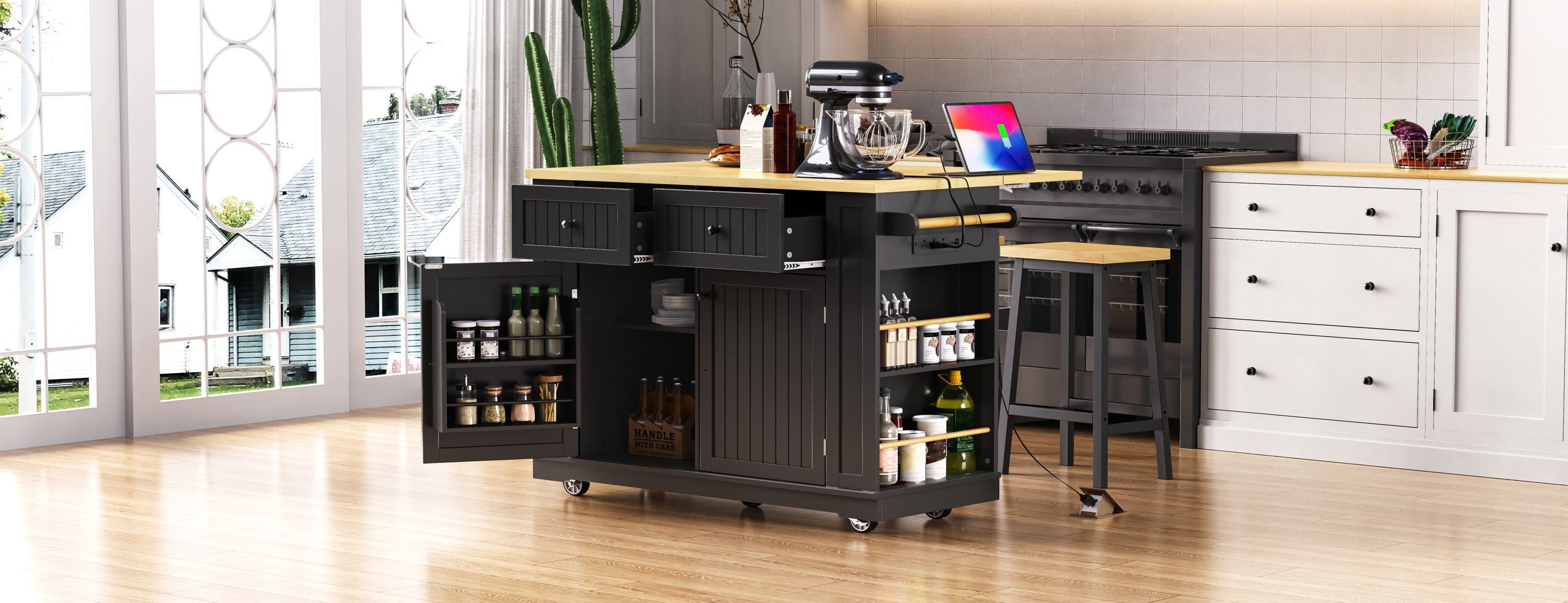 48 inch Kitchen Island with Drop Leaf,Power Outlet,Internal Storage Rack,Rolling Kitchen Storage Cart on 5 Wheels with 5 Open Side Racks,for Kitchen,Black (Old SKU N707P257057B)(Not Include Stools) - Grand Goldman Shop