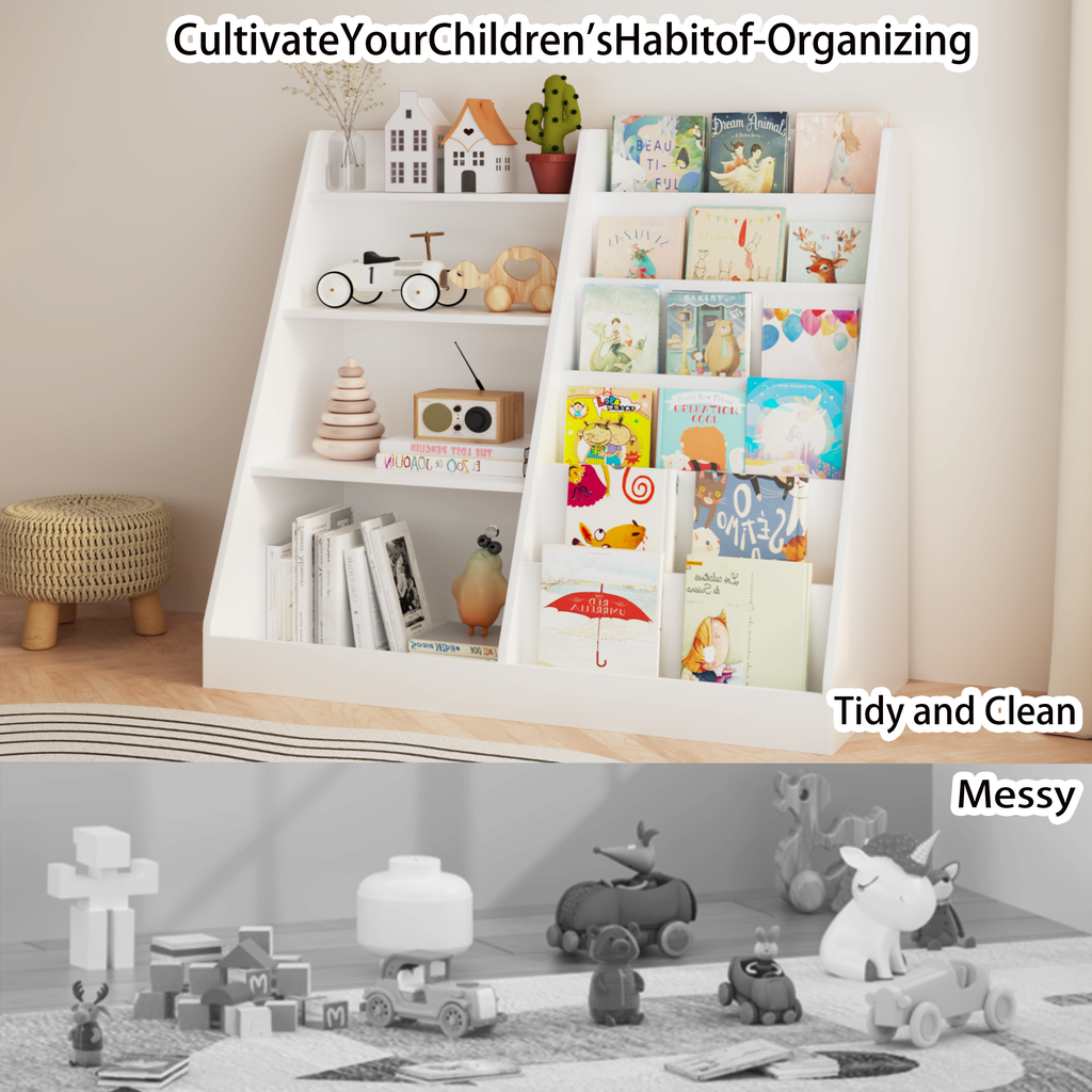 New Kids Bookshelf and Toy Storage Organizer, Multifunctional 4 Tier Wooden Kids Book Shelf with  Bookcase Display Stand in K