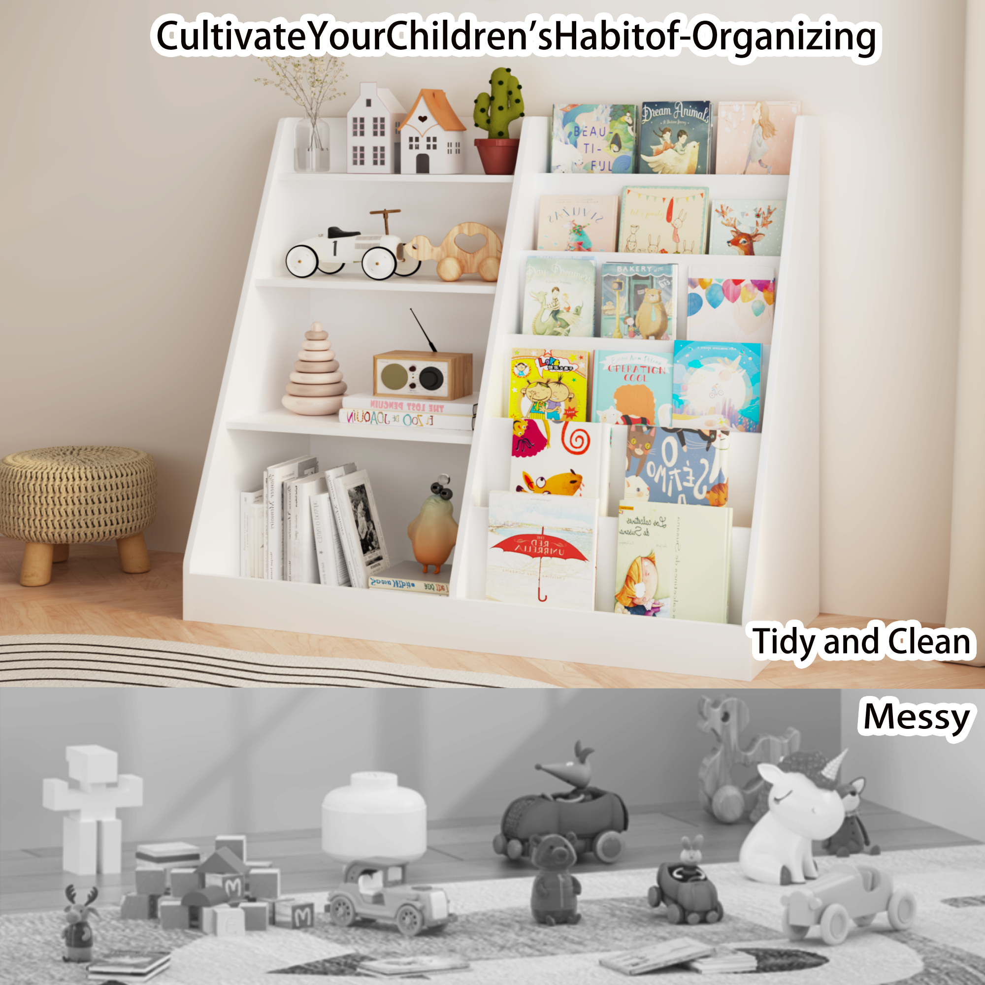 New Kids Bookshelf and Toy Storage Organizer, Multifunctional 4 Tier Wooden Kids Book Shelf with  Bookcase Display Stand in K