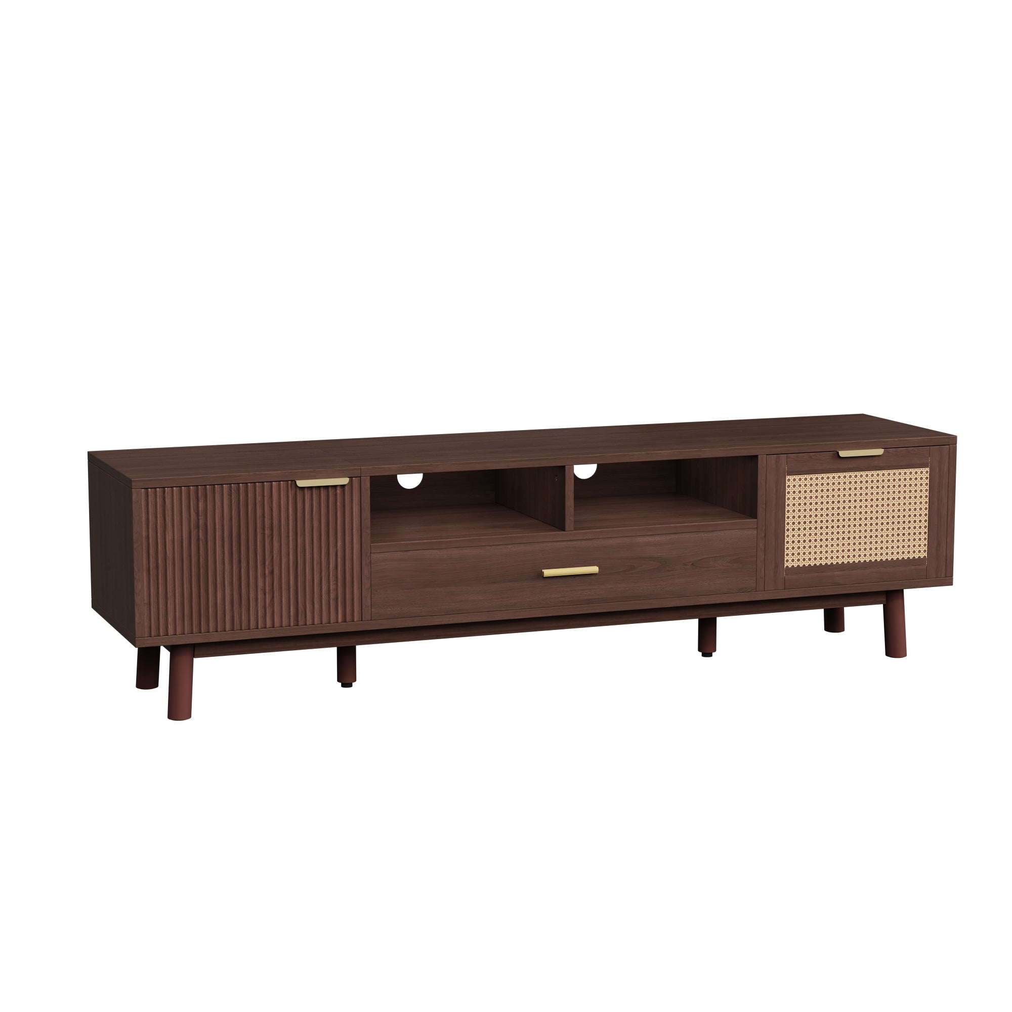 Wood Fashionable TV Stand for 75' TVs with Soft-Closing Doors, Dark Brown Modern Console with Rattan Accents and Drop-Down Cabinet, Solid Wood and MDF Construction - Grand Goldman Shop