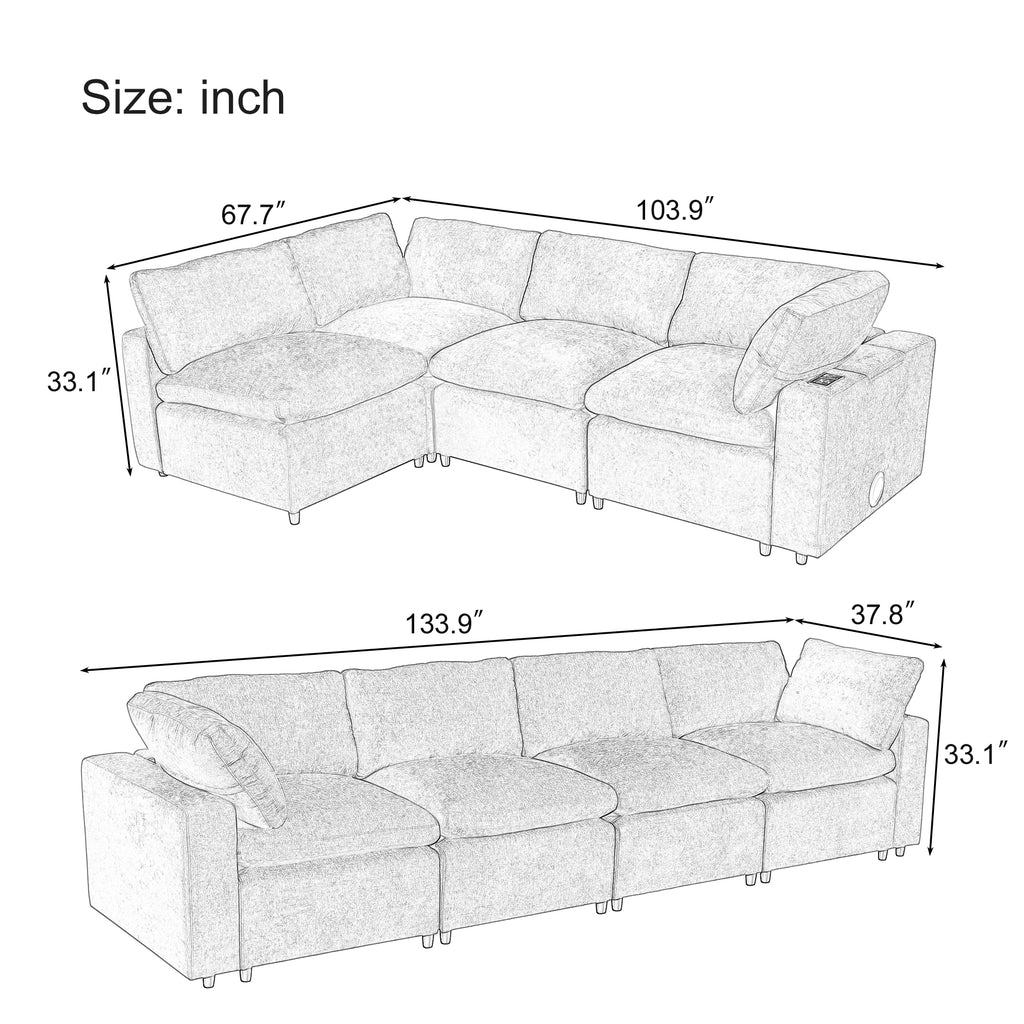 U-style Upholstered Modular Sofa with  with Storage Space, USB Charge Ports,Wireless Charging and Built-in Bluetooth Speaker in Arm,Sectional sofa for Living Room Apartment.[old sku:WY000317AAA] - Grand Goldman Shop