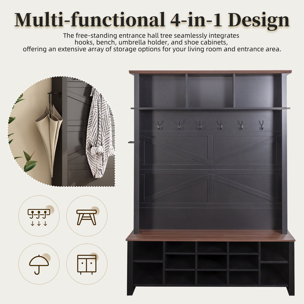 Farmhouse 4-in-1 Hall Tree with 6 Hooks, Practical Walnut Entryway Bench with Adjustable Shelves,  Wooden Shoe Organizer with 16 Compartments for Mudroom, Living Room, Black (OLD SKU: N721S000064B-1) - Grand Goldman Shop
