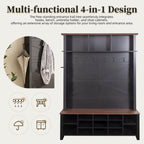 Farmhouse 4-in-1 Hall Tree with 6 Hooks, Practical Walnut Entryway Bench with Adjustable Shelves,  Wooden Shoe Organizer with 16 Compartments for Mudroom, Living Room, Black (OLD SKU: N721S000064B-1) - Grand Goldman Shop