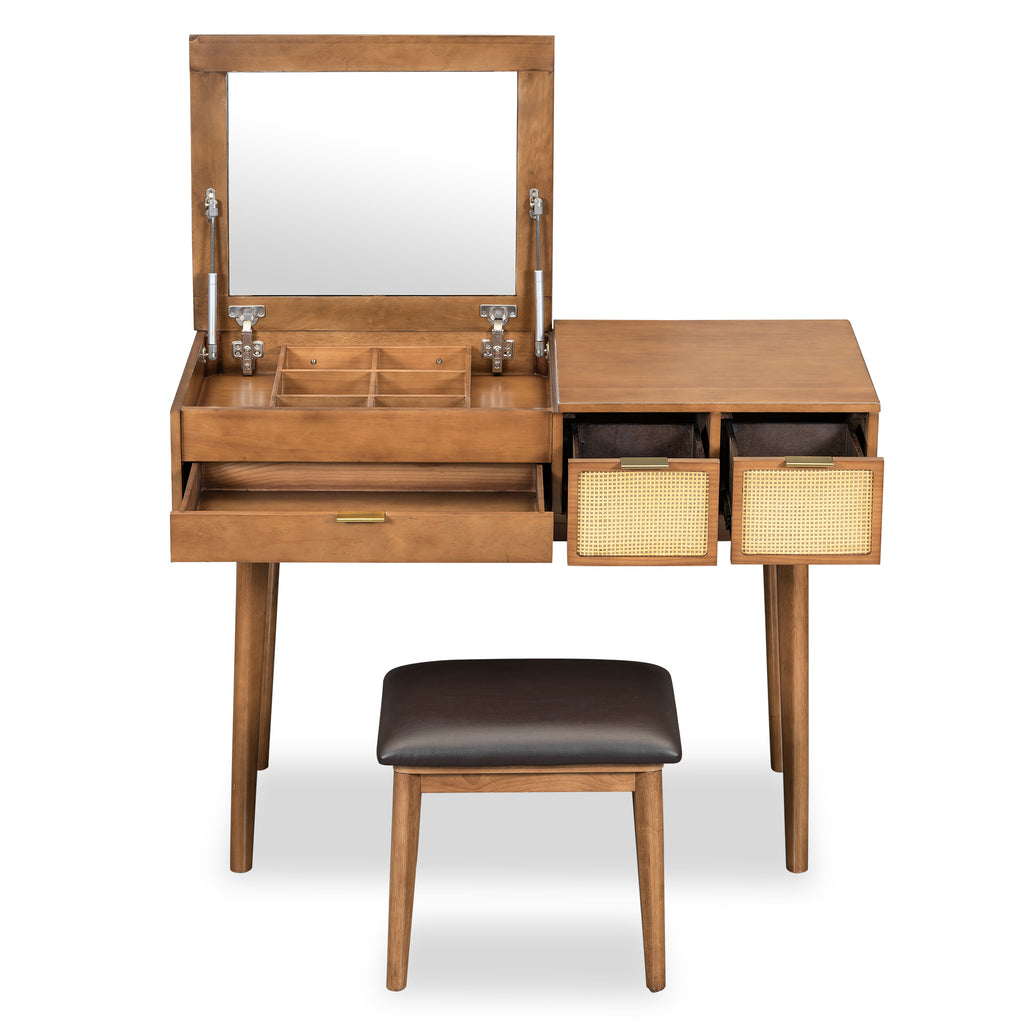 43.3' Classic Wood Makeup Vanity Set with Flip-top Mirror and Stool, Dressing Table with Three Drawers and storage space, Brown - Grand Goldman Shop
