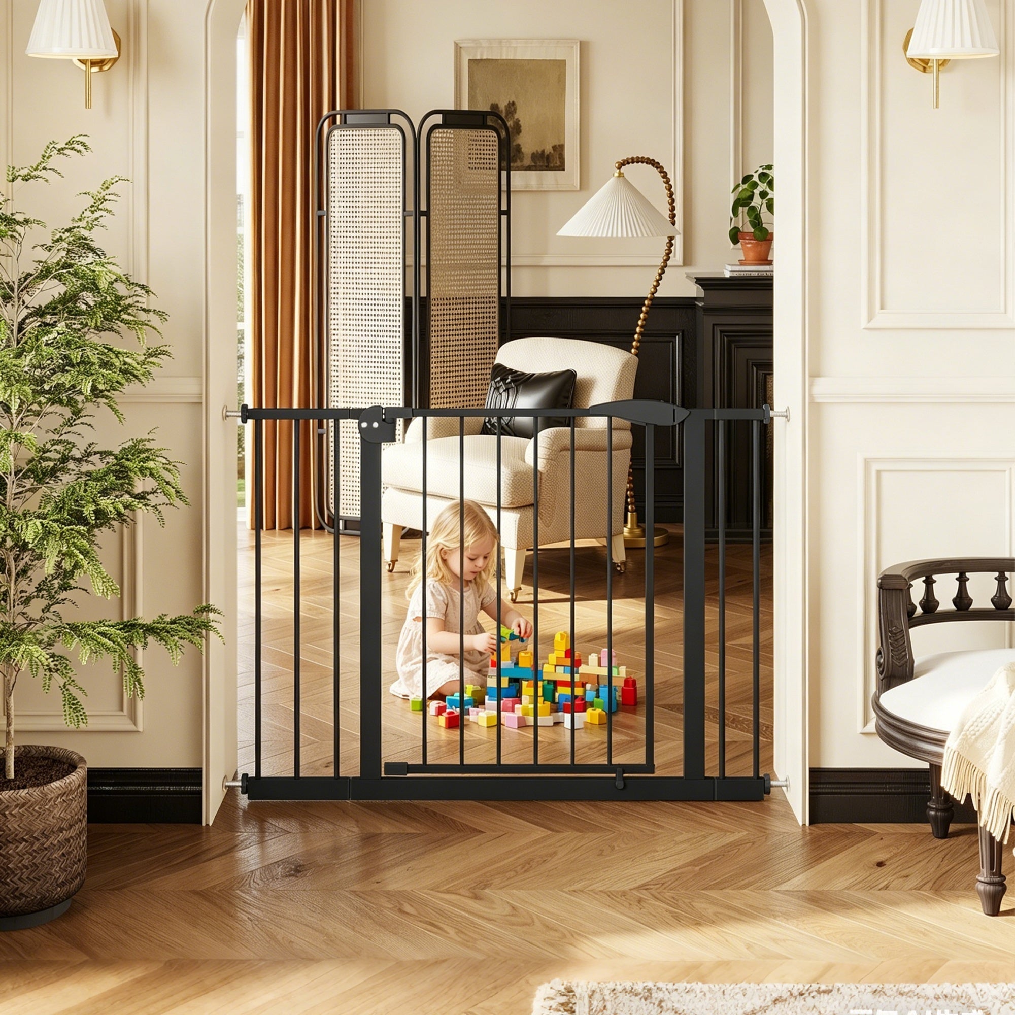 Black Pressure-Mounted Baby Gate for Stairs and Doorways, 29.5-44.1' Wide, Steel and ABS Construction, Easy Walk-Through Safe