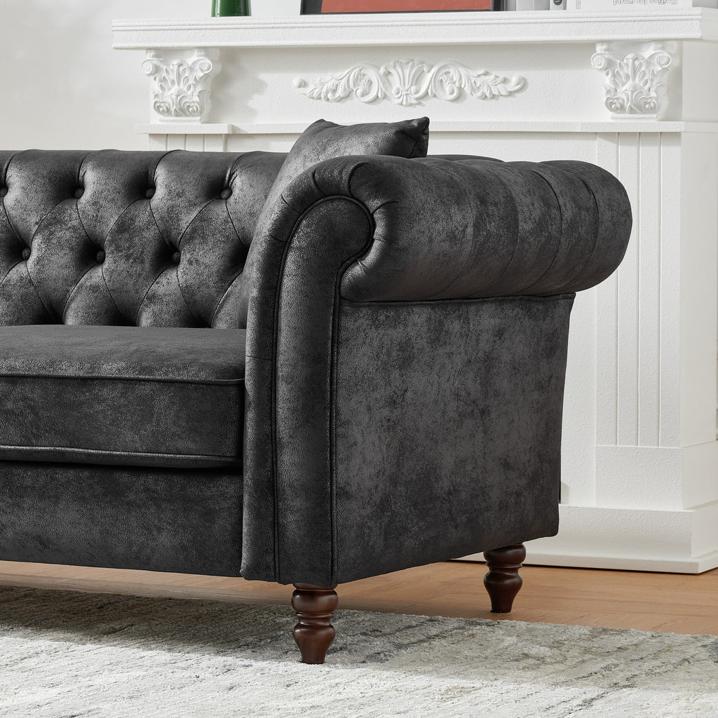 Chesterfield Faux Leather Sofa, High-tech Fabric Roll Armrest, Black, 66' - Grand Goldman Shop