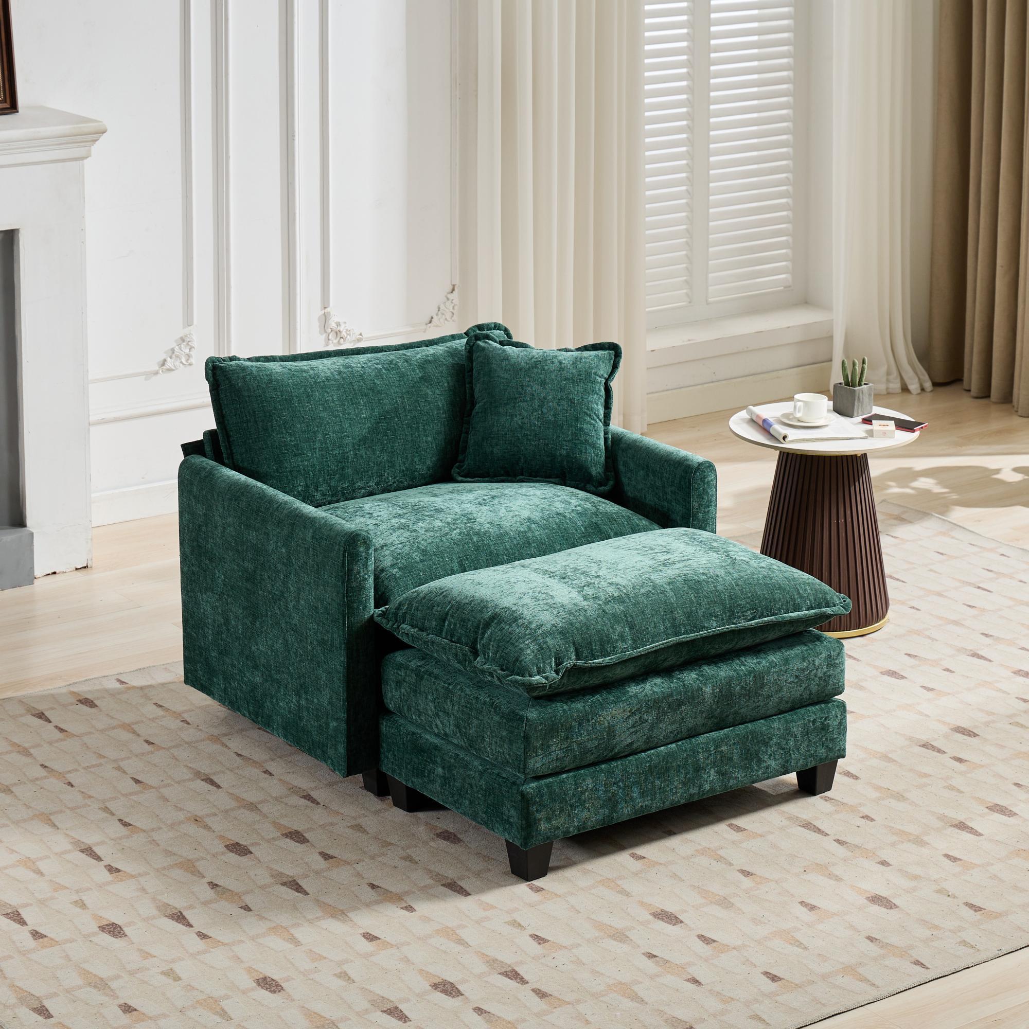 Cloud Sofa Ottoman only, Modern Sectional Couch, for Living Room Bedroom and Apartment, Comfy Double Layer Upholstered Seat Cushion, Breathable Chenille Fabric, Green - Grand Goldman Shop