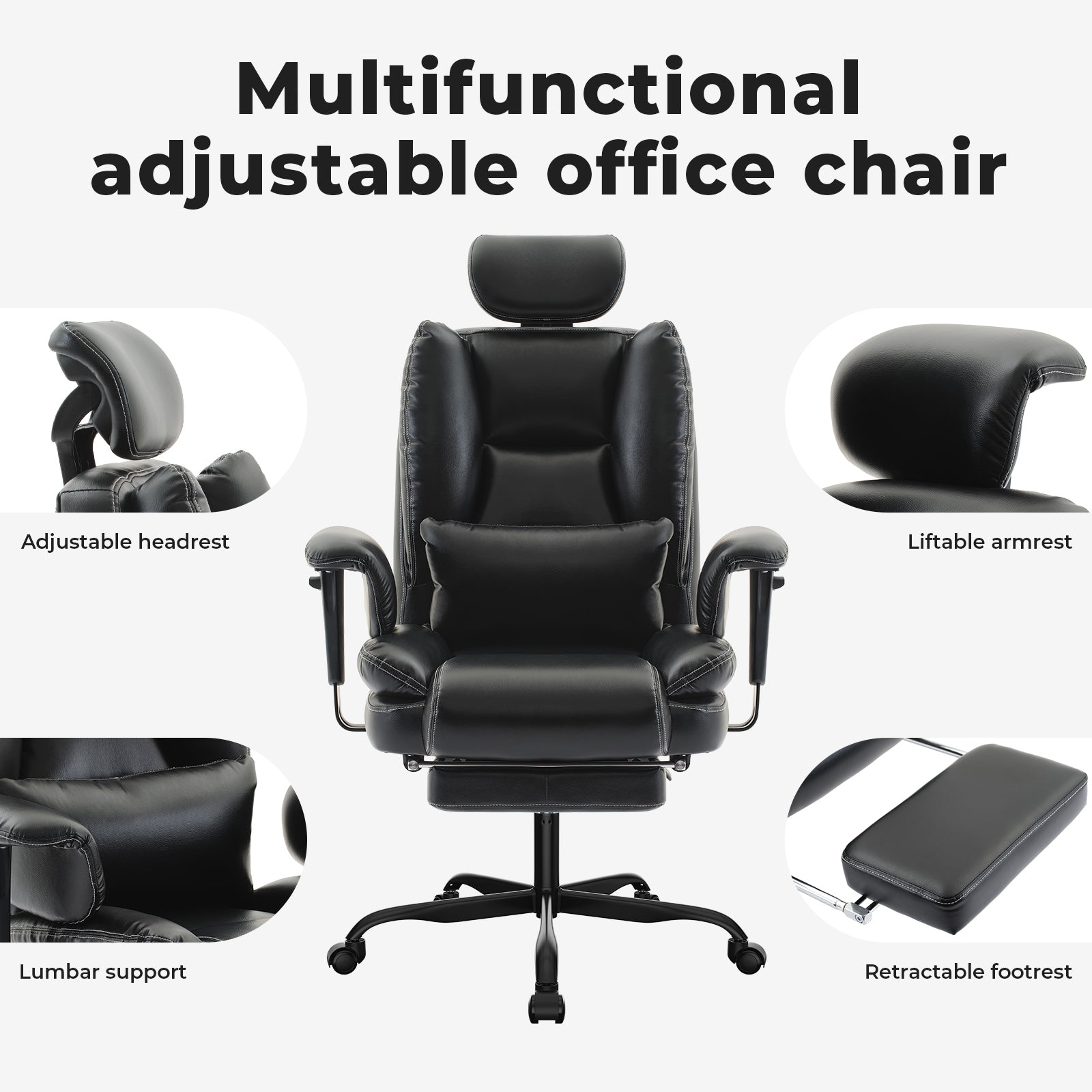 Office Chair Ergonomic 200 kg PU Leather Computer Chair with Lumbar Support and High Backrest, Ergonomic Desk Chair with Lift