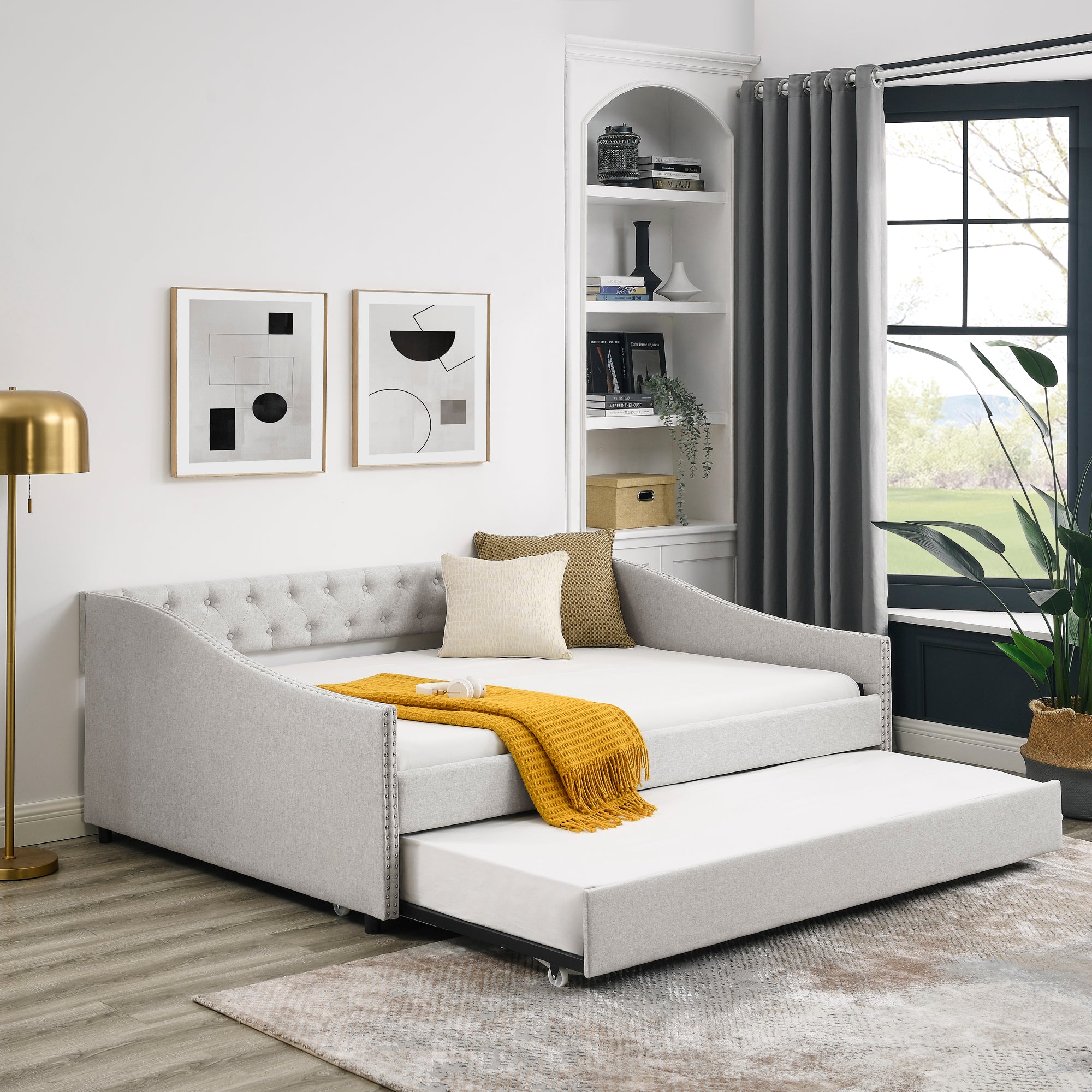 Beige Upholstered Tufted Daybed with Twin Trundle, Button-Back and Copper Nail-Waved Arms, Eucalyptus Wood Frame, 80.5''x55.5''x27.5'' - Grand Goldman Shop