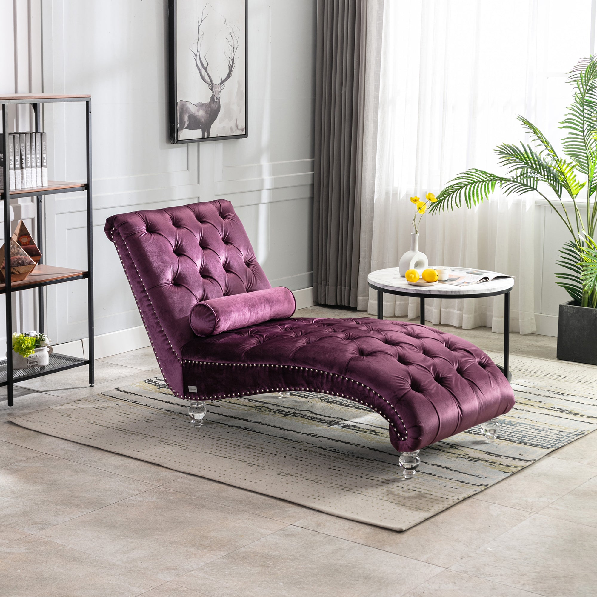 Velvet Chaise Lounge Indoor, Button-Tufted Upholstered Chaise Lounge Chair with Pillow for Bedroom Living Room Office, Purple Velvet - Grand Goldman Shop