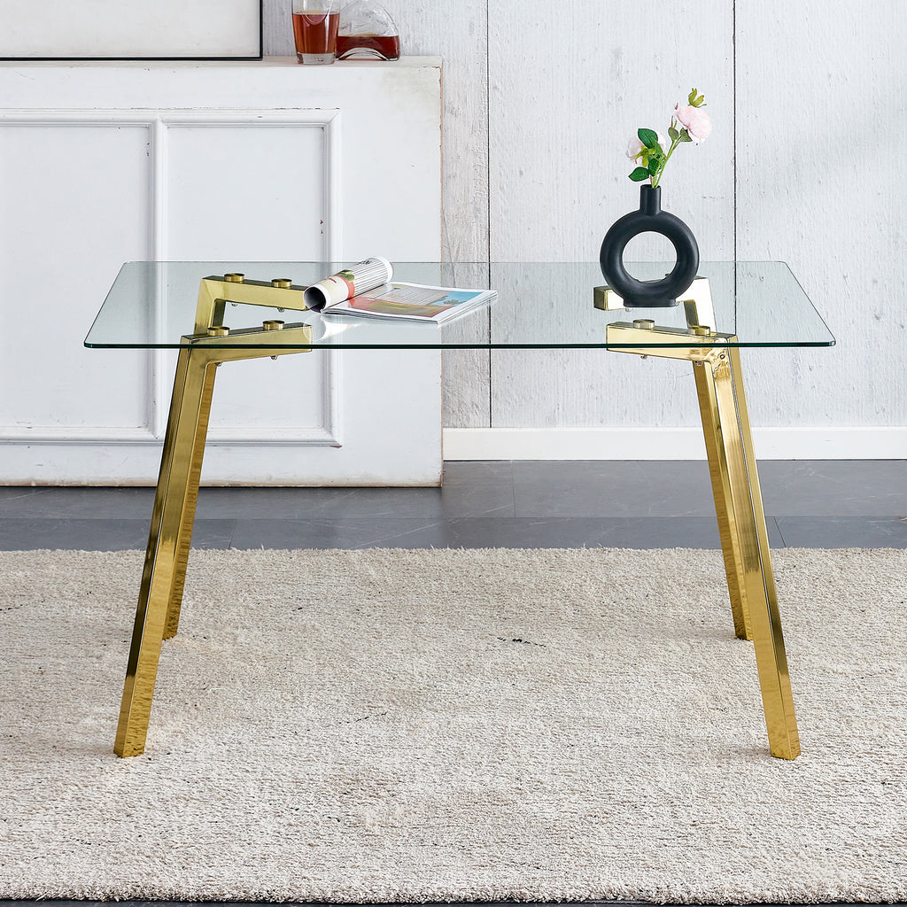 Modern minimalist style rectangular glass dining table with tempered glass tabletop and golden metal legs, suitable for kitchen, dining room, and living room, 51 ' * 31.5 ' * 29.5 '   1123 - Grand Goldman Shop