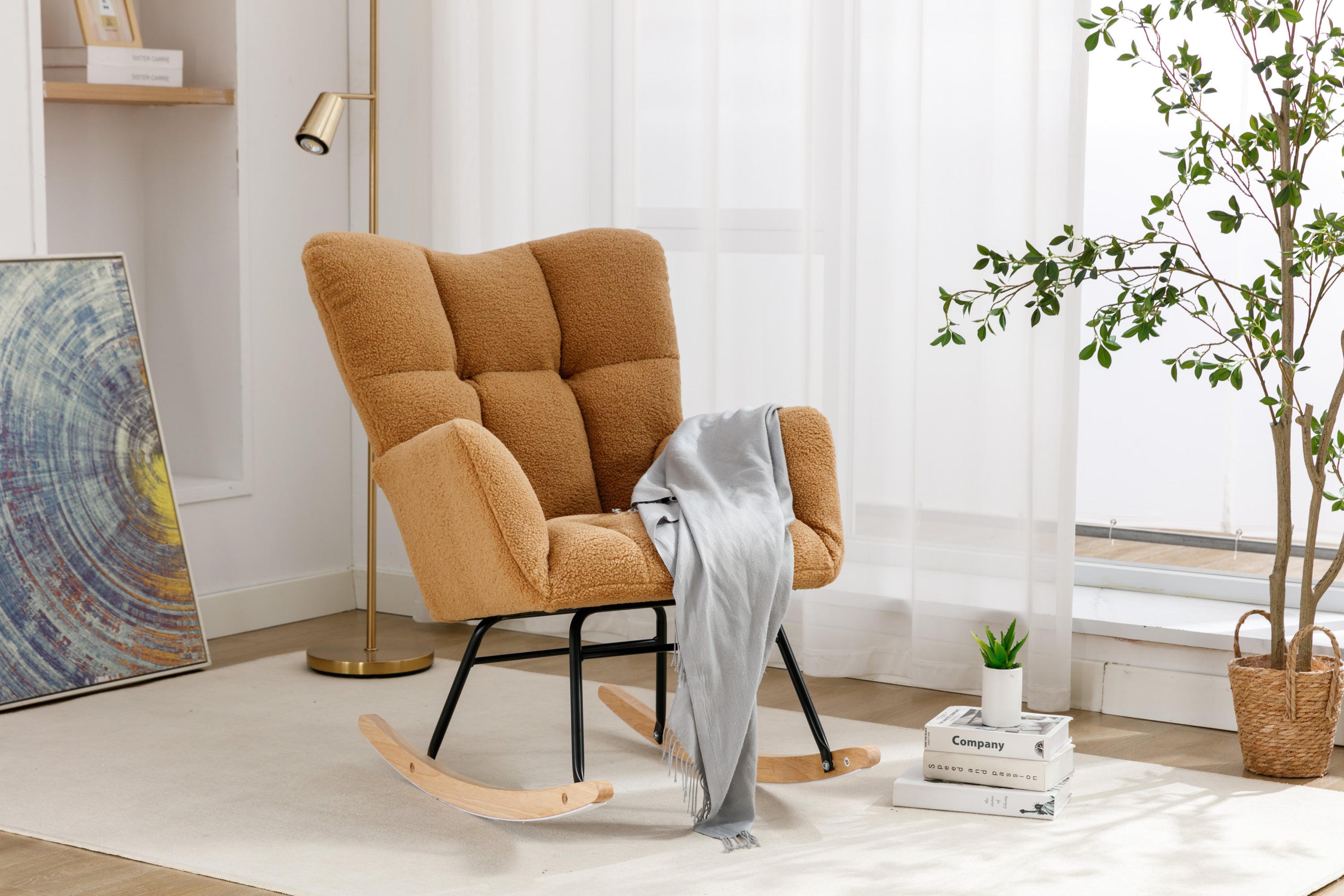 050-Teddy Fabric Rocking Gilder Nursery Chair For Living Room Indoor,Khaki - Grand Goldman Shop