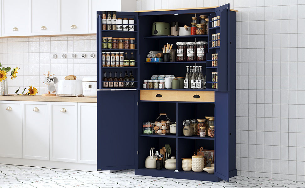 [Assembly Video Provided]TOPMAX 40.2x20x71.3inch High Freestanding Kitchen Pantry Large Cupboard Storage Cabinet with 2 Drawers, 2 Adjustable Shelves, 8 Door Shelves for Kitchen, Dining Room,Blue - Grand Goldman Shop