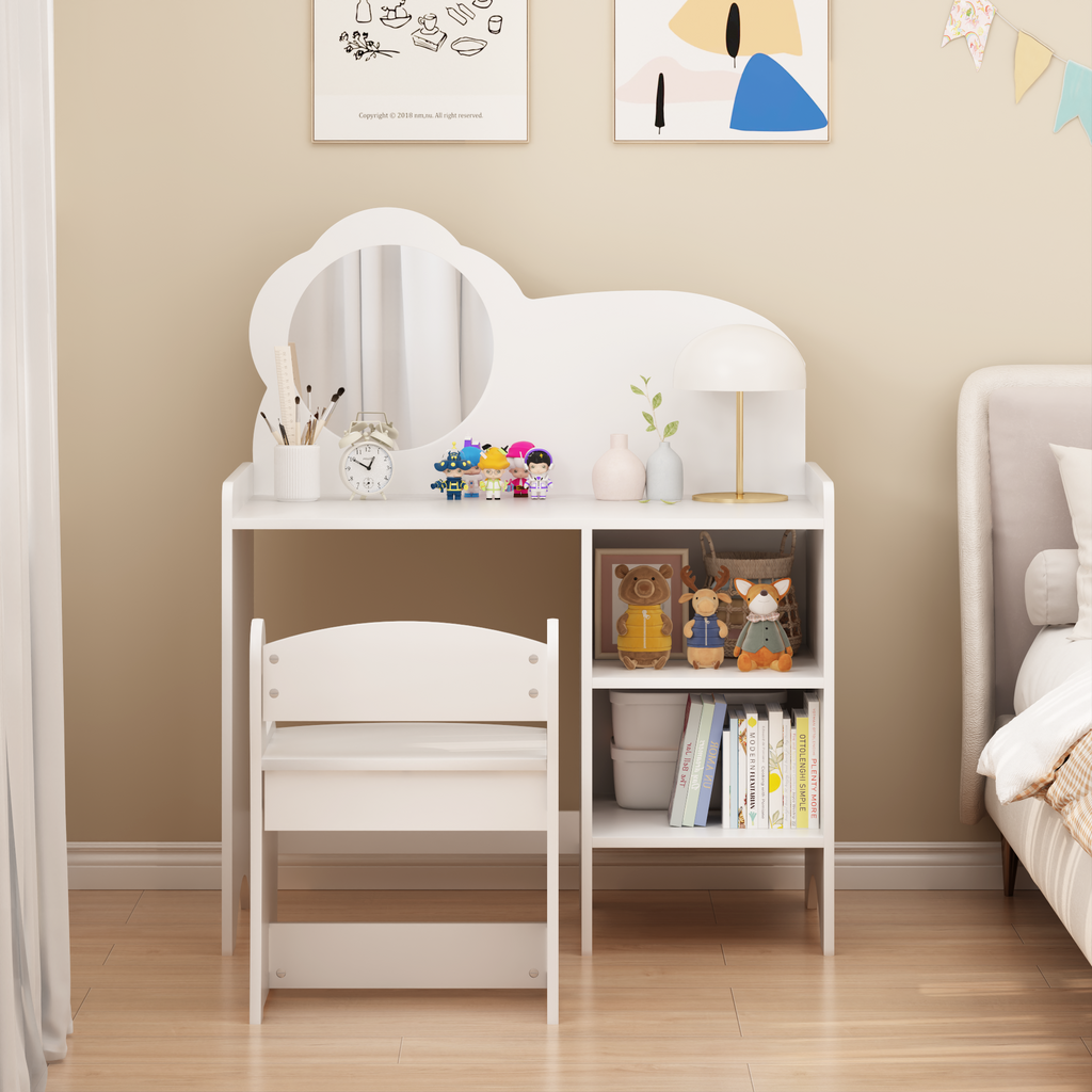 Kids Vanity Table with Mirror and Chair, Wooden Children's Dressing Makeup Desk with Storage Shelves, Study and Activity Tabl