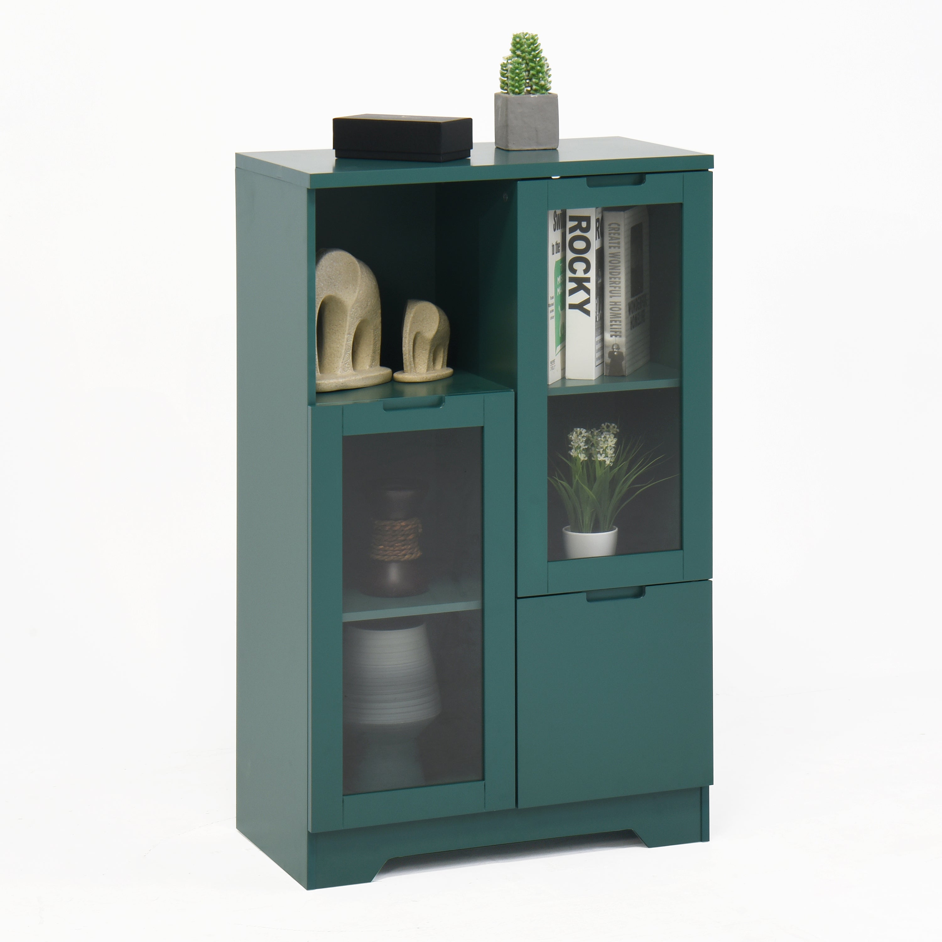 Modern MDF Painted Cabinet with Glass Doors and Drawer, Green, Bedroom Living Room Storage - Grand Goldman Shop