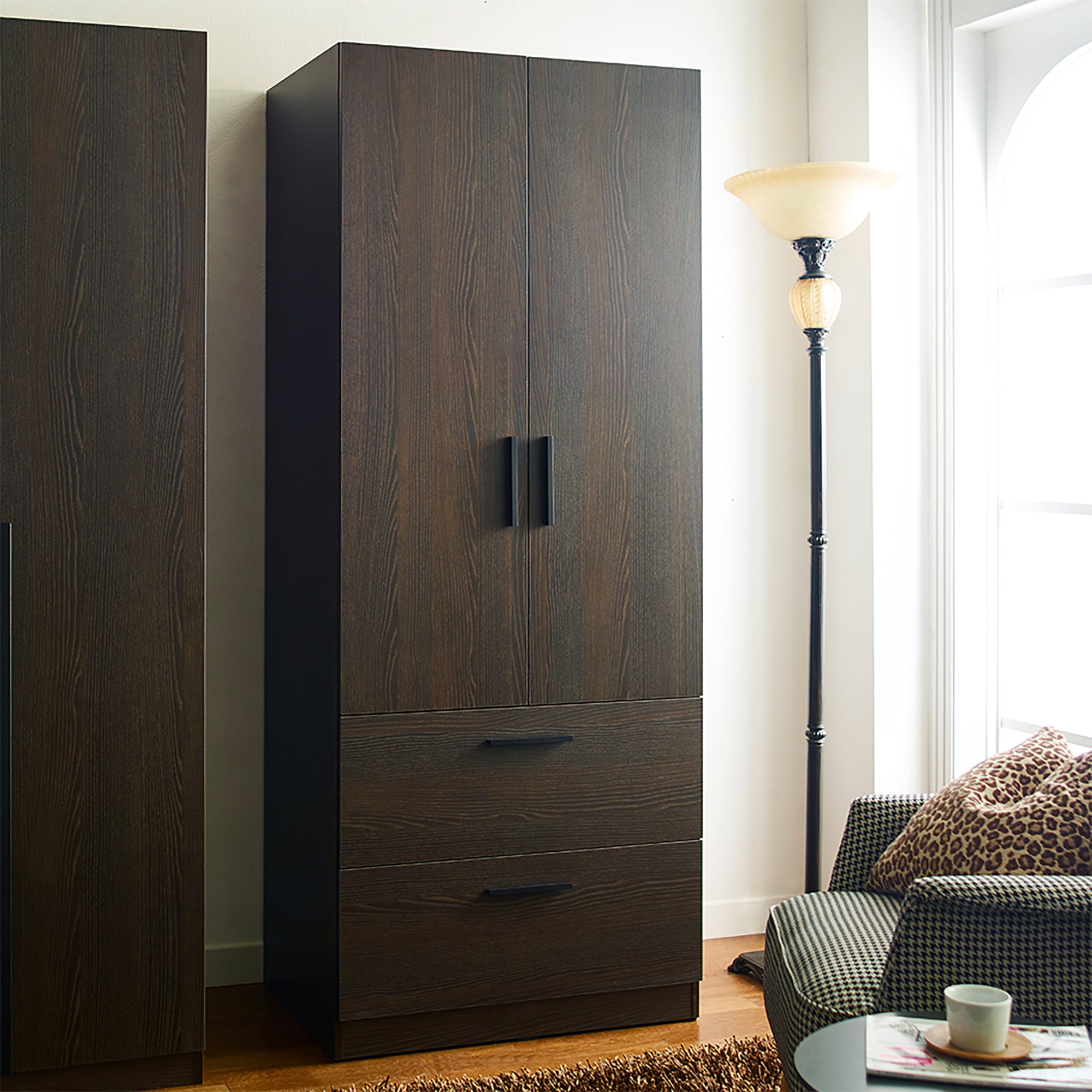 Brook Two-Door Wood Closet with Two Drawers and Hanging Bars in Dark Brown Solid Wood - Grand Goldman Shop