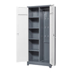 Gray Metal Lockers with Locking Doors, Adjustable Shelves, High Broom Tool Storage Cabinet, 72-Inch Kitchen, Office, Shop Org