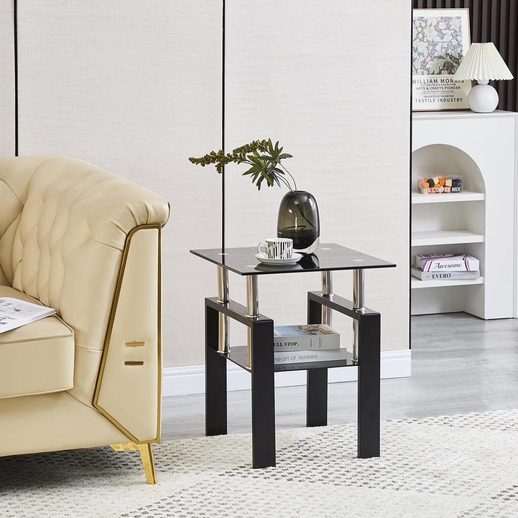 Modern 2-Piece Tempered Black Glass Sofa Table with Metal Legs for Living Room - Grand Goldman Shop