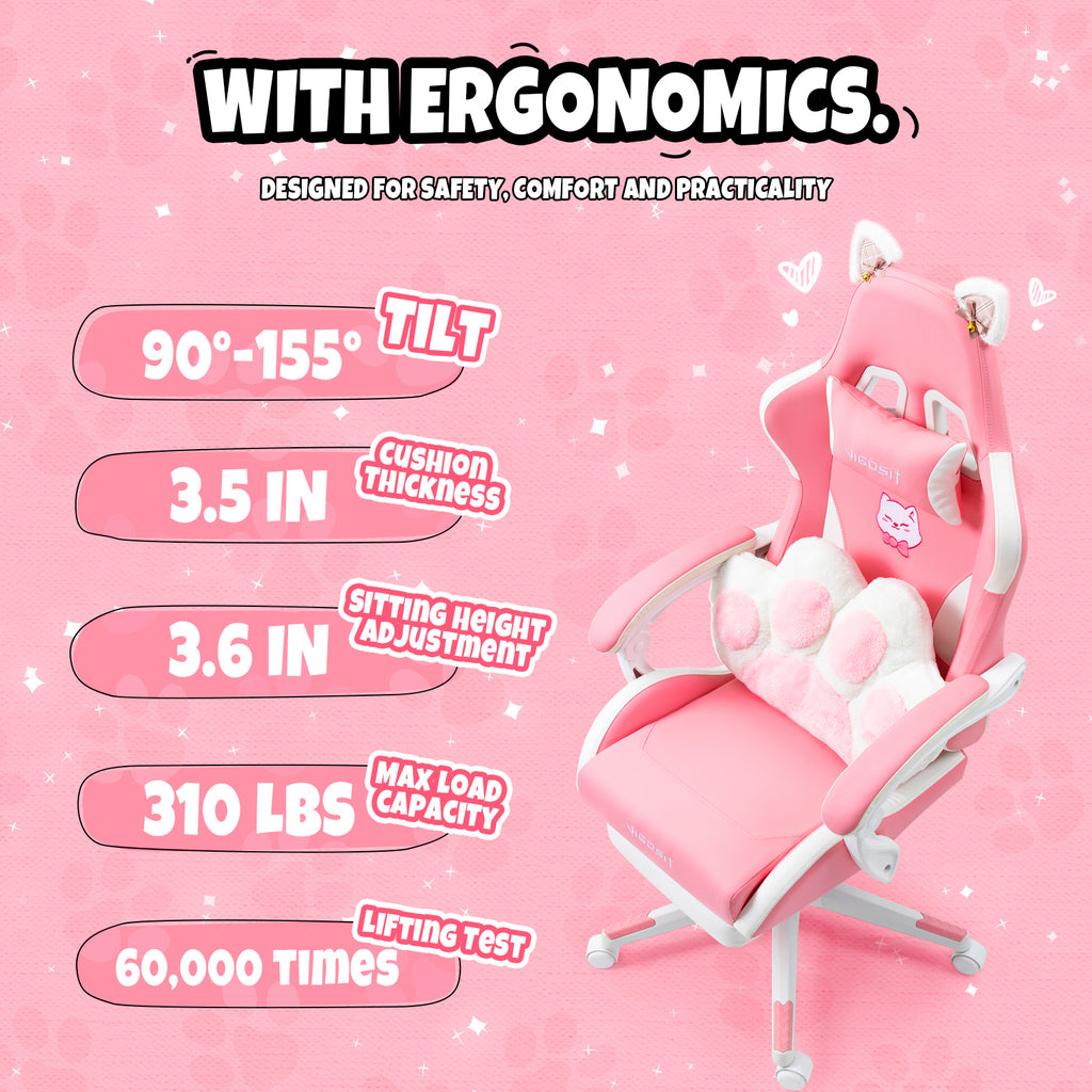 Cat Ears Pink Gaming Chair - Pink PU Leather Ergonomic Reclining Office Chair with Footrest, 310lb Capacity, 6-Position Recli
