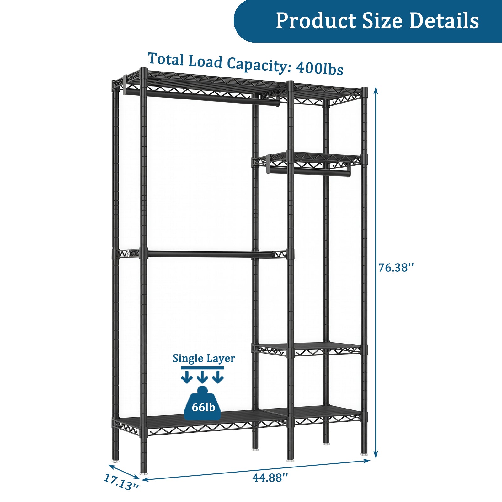 Heavy Duty Freestanding Clothes Rack, with 6 Adjustable Wire Shelves and 3 Garment Rails,Black Metal - Grand Goldman Shop