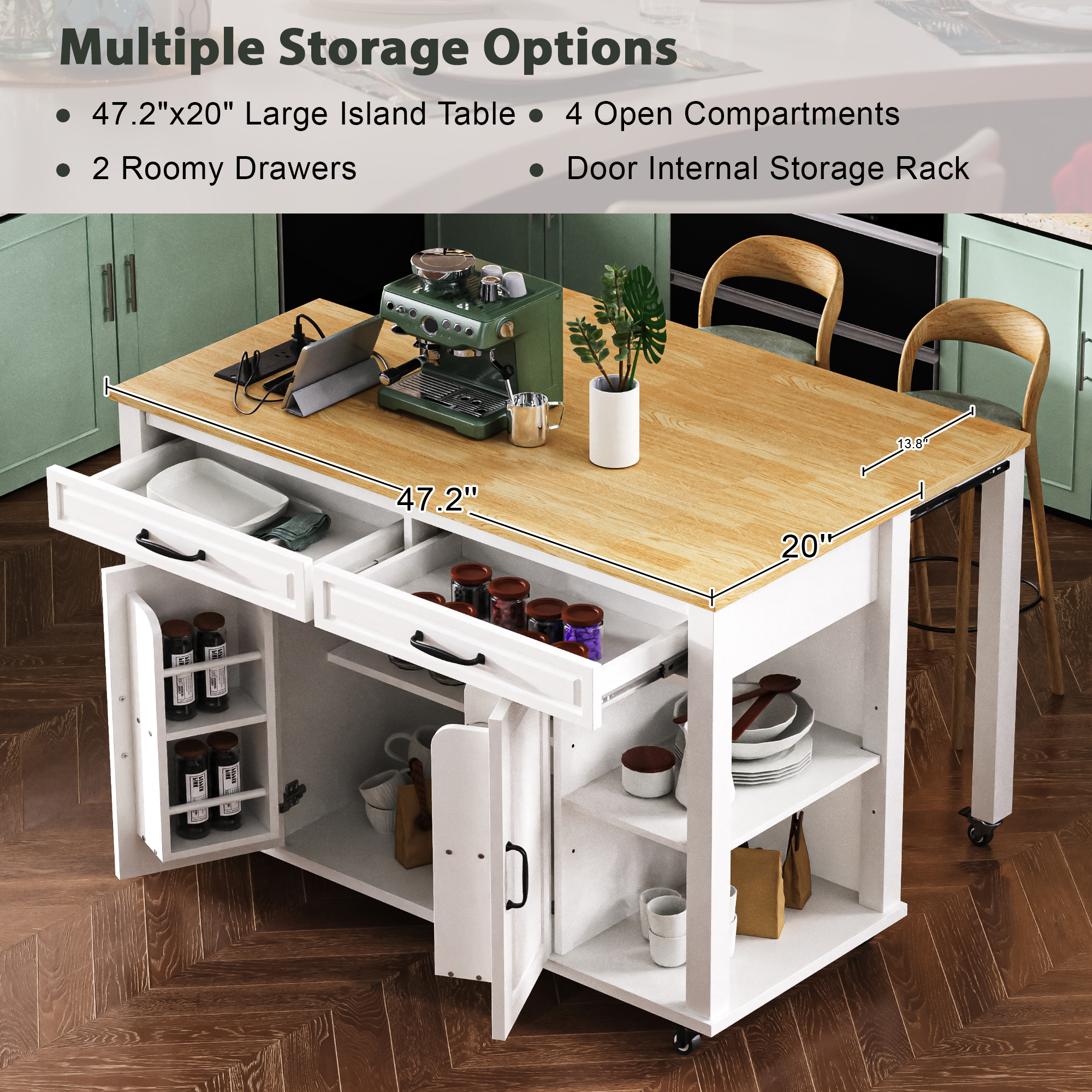 K&K 47 inch Kitchen Island with Extendable Dining Table, Rubber Wood Veneer Kitchen Table with Internal Storage Rack, Power Outlet, Kitchen island with Storage 2 Drawers 2 Cabinet,White - Grand Goldman Shop